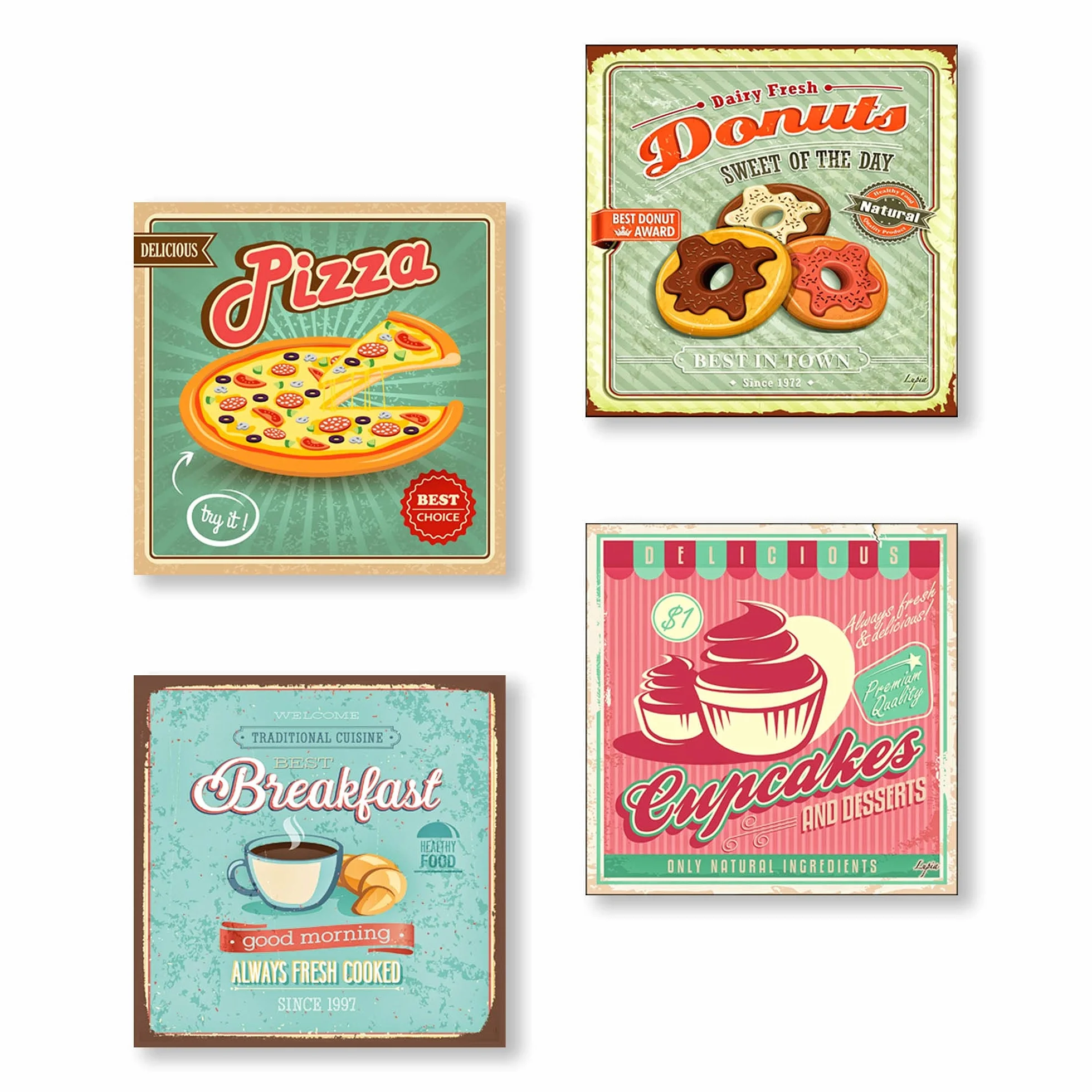 Quadri Canvas Vintage Food 4 Pezzi 16x16 cm Made in Italy Decorazione Cucina