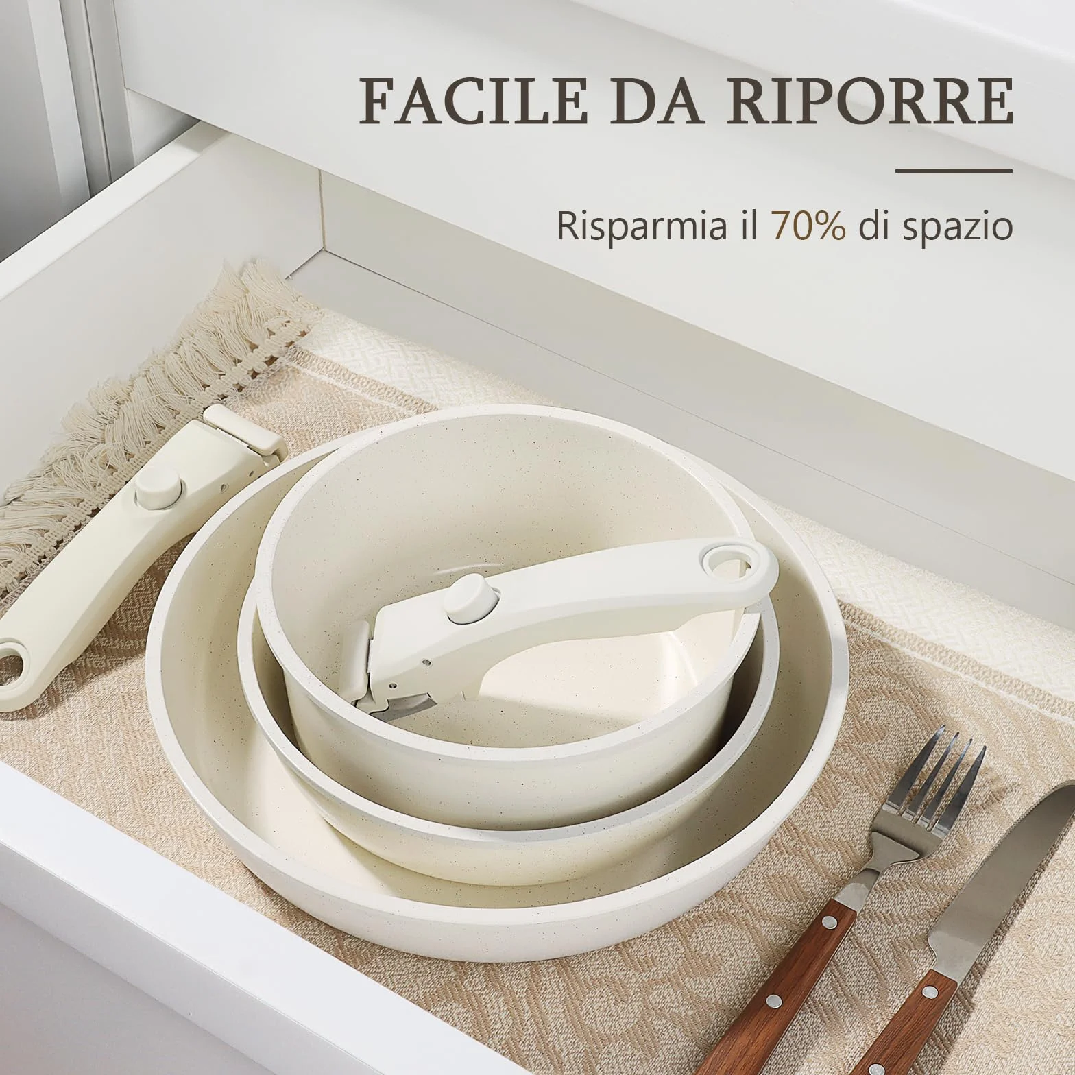 GiPP Set Pentole Padelle Ceramiche Antiaderenti 11 Pezzi Manico Amovibile Compatibile Induzione Forno Lavastoviglie Bianco