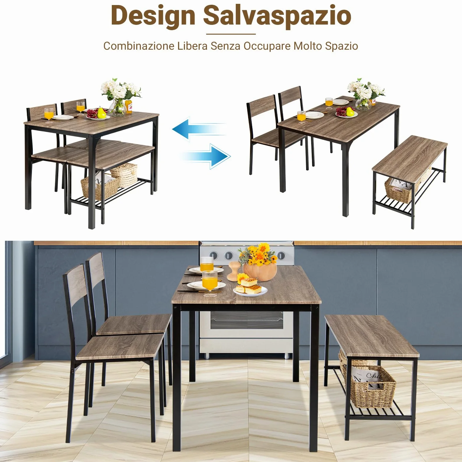 COSTWAY Set Tavolo e Sedie da Cucina 4 Pezzi, Tavolo da Pranzo con 2 Sedie e 1 Panca, Set Mobili da Cucina Salvaspazio con 4 Posti, per Sala da Pranzo e Soggiorno (Rovere grigio)