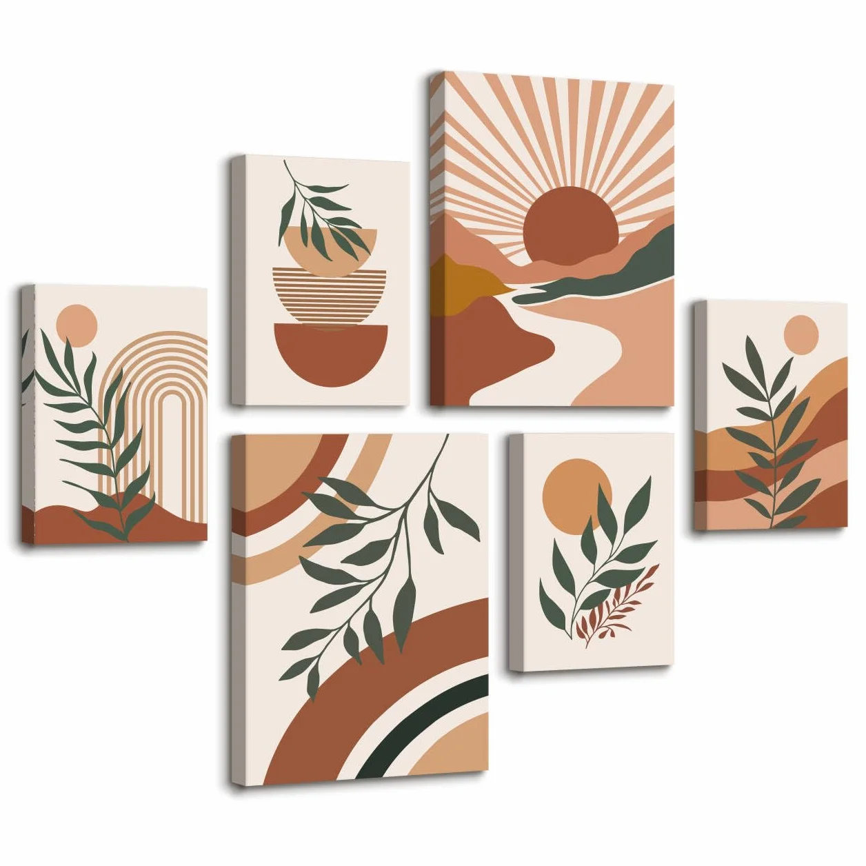 6Pcs Boho Terracotta Linee Geometriche Quadri Con Cornice Per Camera da Letto Set,Foglia Arancione Rosso Sole Stampe Da Parete Quadro Minimaliste Piante Poster Quadretti da Parete per Soggiorno Cucina