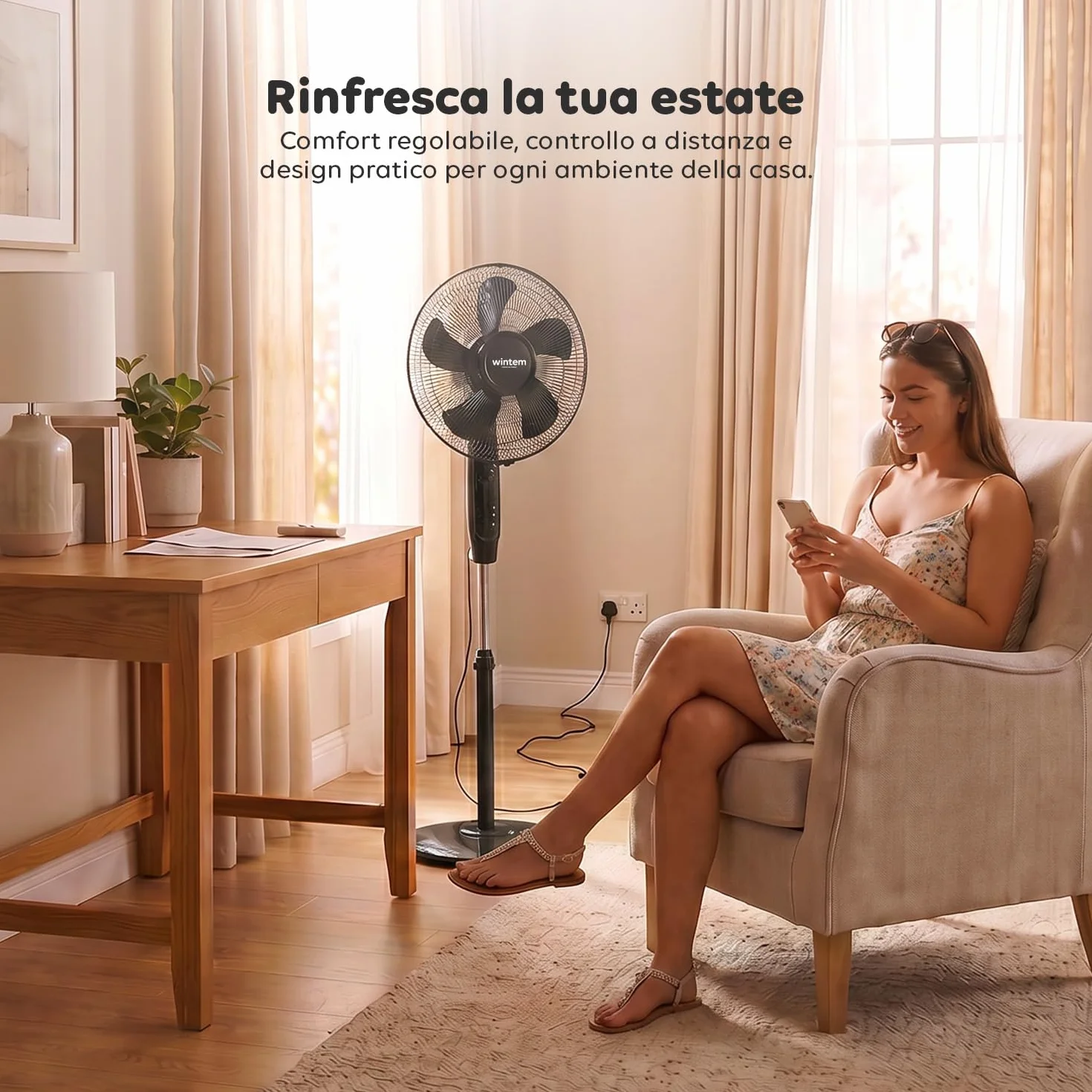 Wintem - Ventilatore a Piantana 40 cm con Telecomando – Altezza Regolabile da 125 a 135 cm – 6 Velocità, Timer 7,5H e Comandi Touch – Piantana Silenziosa 40W (Nero)