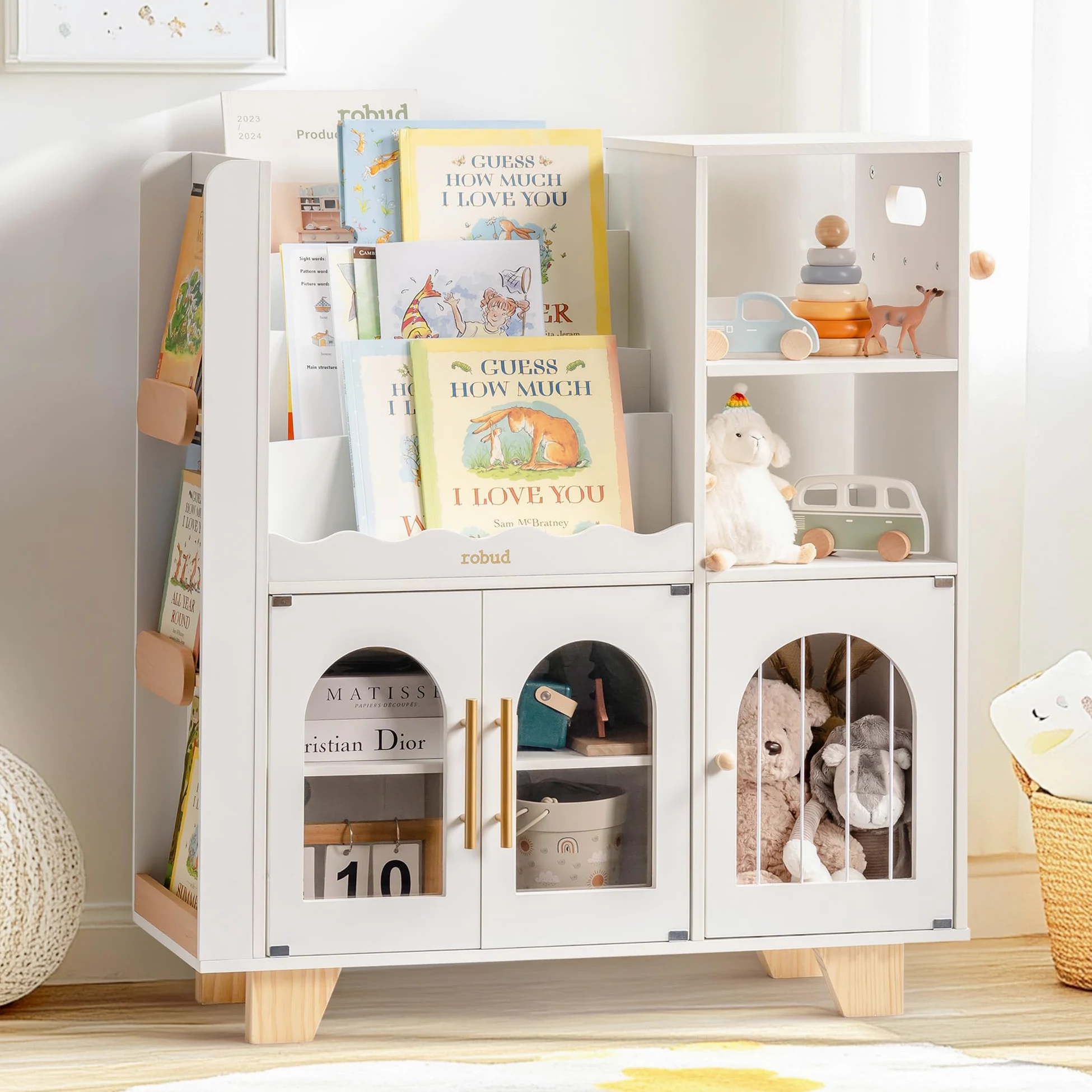 ROBUD Libreria per bambini, in legno, a più livelli, con zona di conservazione dei giocattoli, armadietto per grandi libri fotografici, mobili per bambini