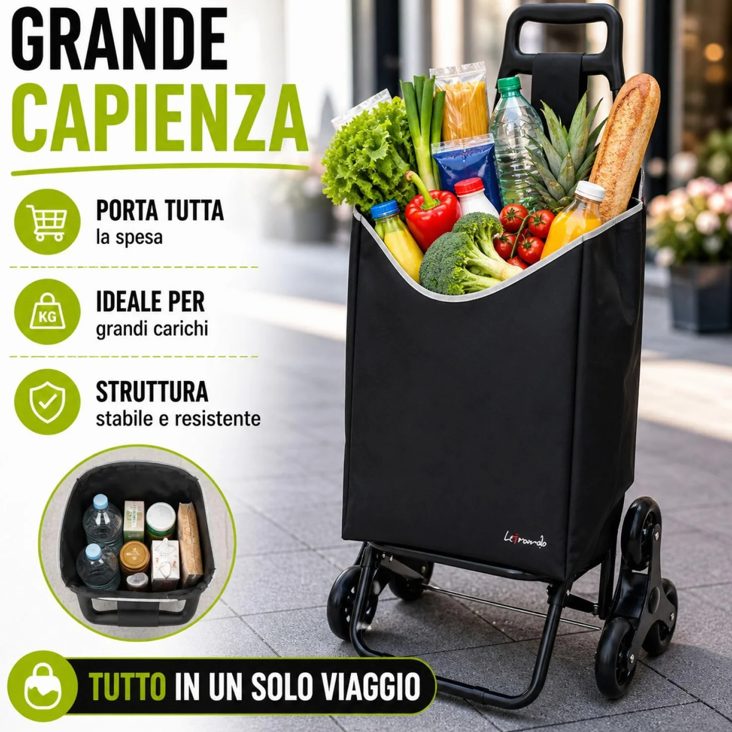 Leonardo Trolley per la Spesa con Tre Ruote Girevoli Saliscale, Portaspesa con Borsa Rimovibile