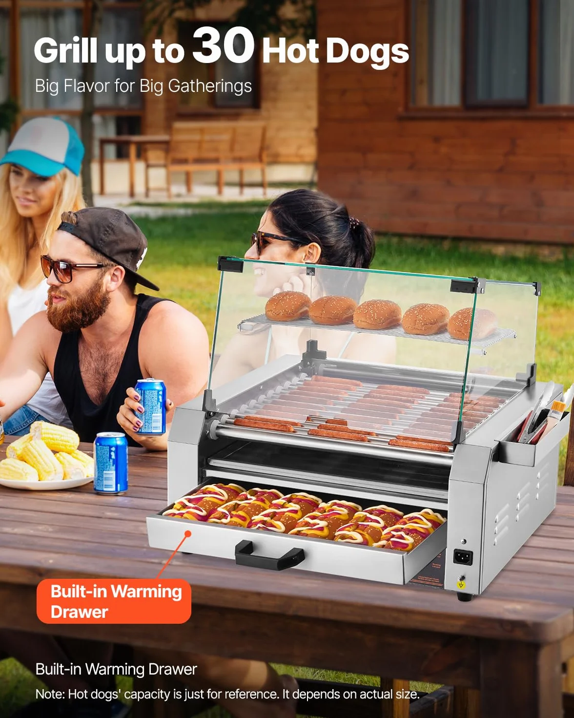 VEVOR Rullo per Hot Dog, 30 Hot Dog 11 Rulli, Cuocitore per Salsicce in Acciaio Inox da 2400 W Scalda Panini, Coperchio, 3 Controlli di Temperatura, Contenitore Laterale, Vassoio Raccogli-Olio