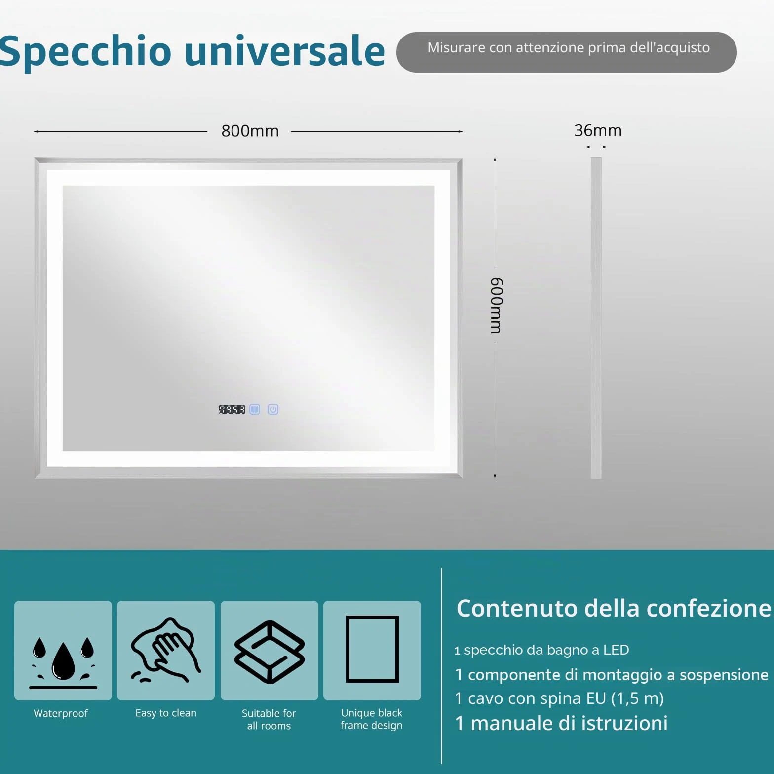 YU YUSING Specchio Bagno con Luce 80x60cm, 3 Colori, Orizzontale Argento