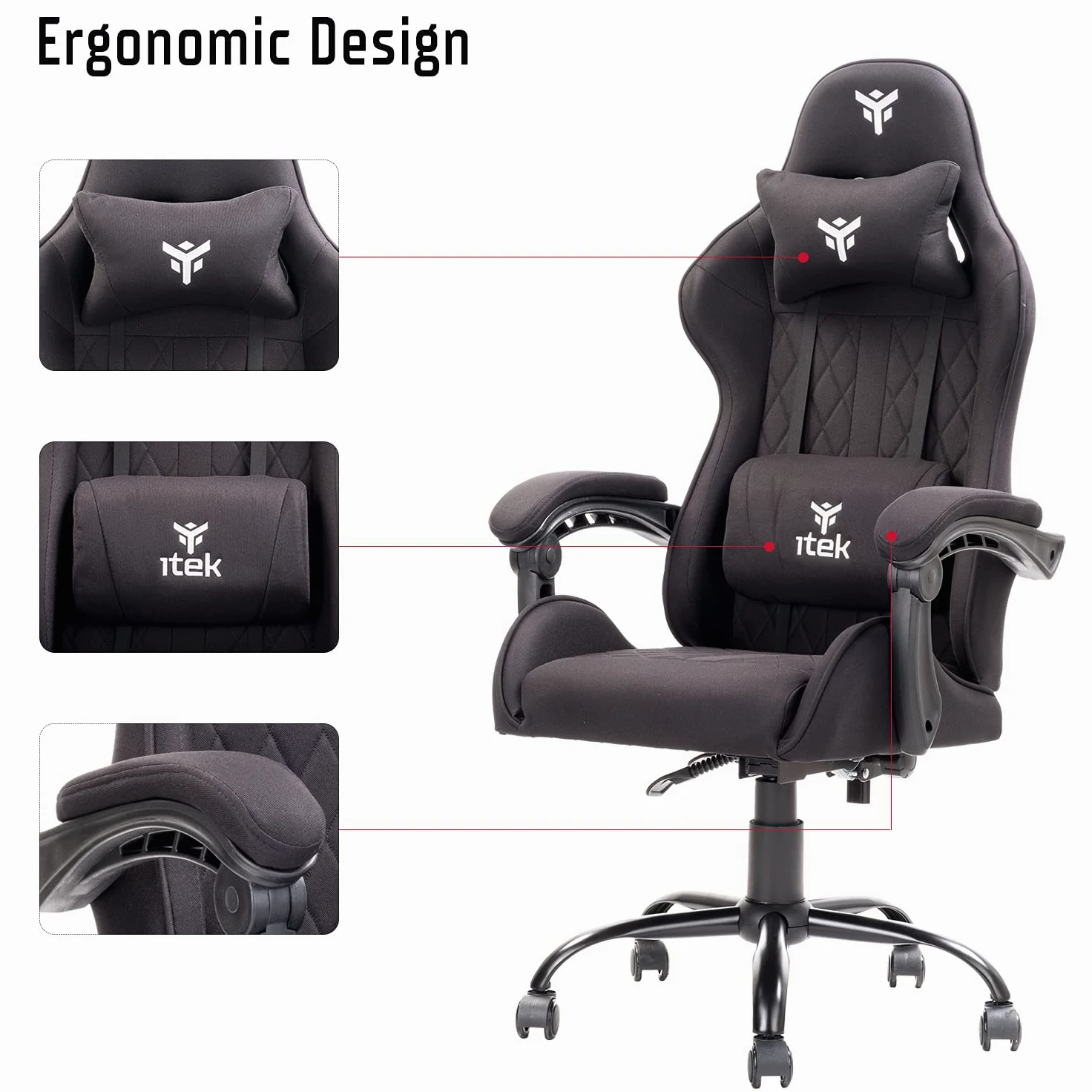 ITEK RHOMBUS FF10 Sedia Gaming ergon. Nera, schienale reclinabile, cuscino poggiatesta, sup. lombare, confort e design, ideale come sedia ufficio, sedia per studio o poltrona per gamer