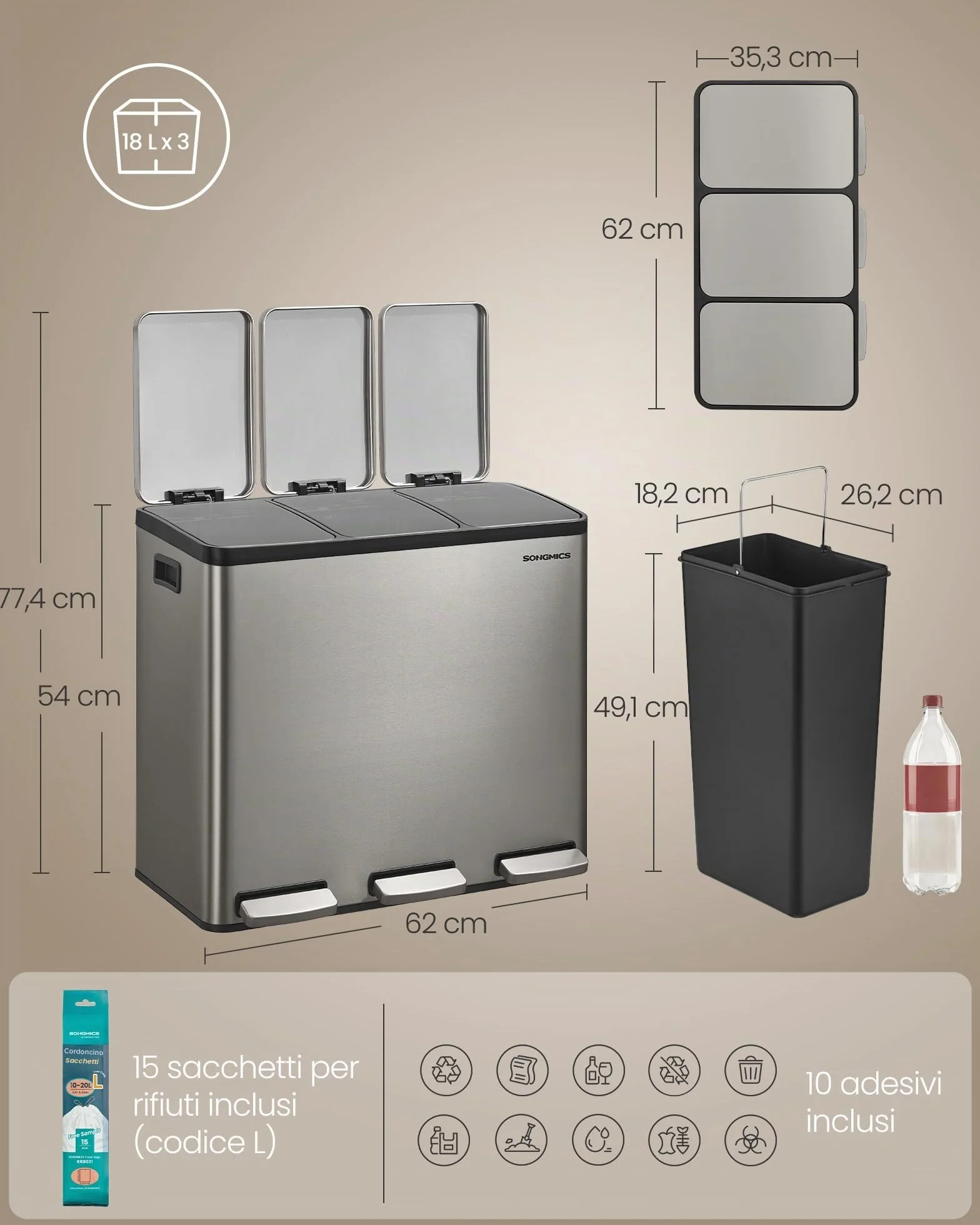 SONGMICS Pattumiera Cucina 3 x 18 L, Cestino per Raccolta Differenziata 3 Scomparti, 15 Sacchetti, Secchi Rimovibili, Coperchio, Maniglie, Chiusura Morbida, Acciaio Inox, Argento LTB254EZ01