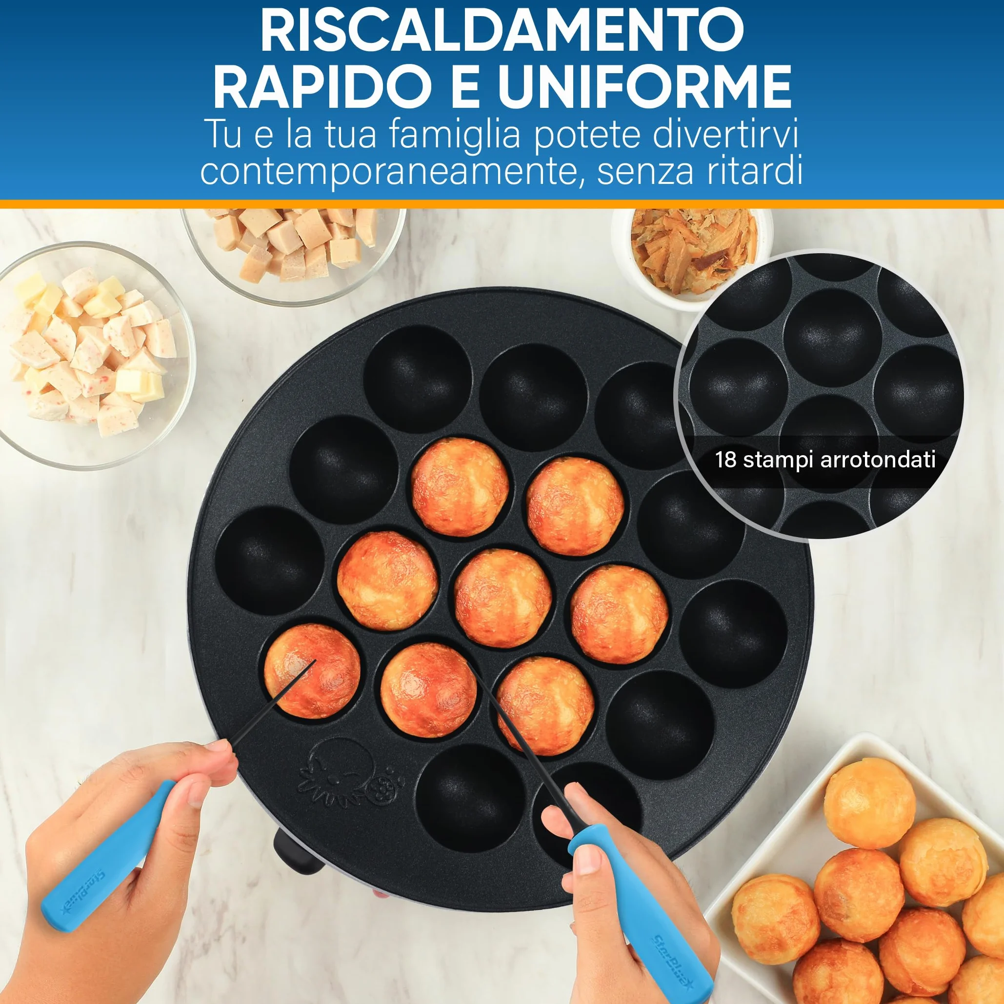 StarBlue Macchina per Takoyaki 18 fori 700W 220V 50Hz con Controllo Temperatura Spina UK Adattatore UE