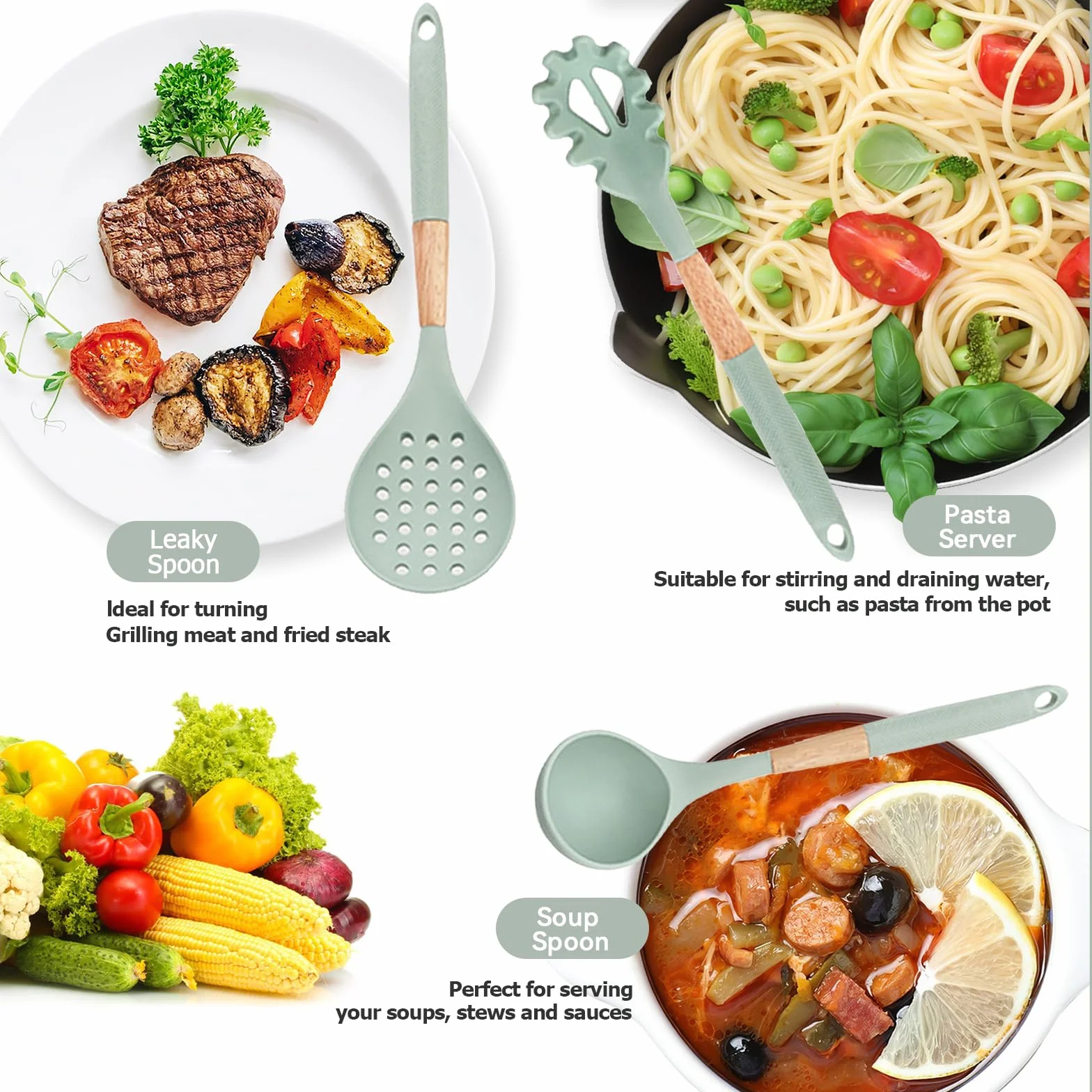 AVEKI Set di utensili da cucina in silicone 7 pezzi con supporto girevole resistenti al calore verde
