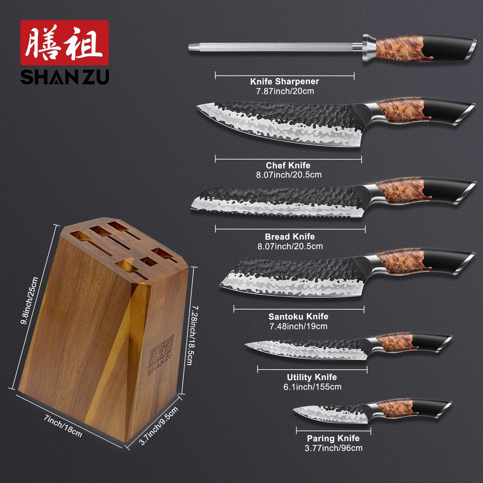 SHAN ZU Set di Coltelli da Cucina Forgiati a Mano,Set di Coltelli Giapponesi da 7 Pezzi con Ceppo Coltelli,Coltello da Chef in Acciaio 10Cr15MOV (7 Strati),Manico in Legno di Acero