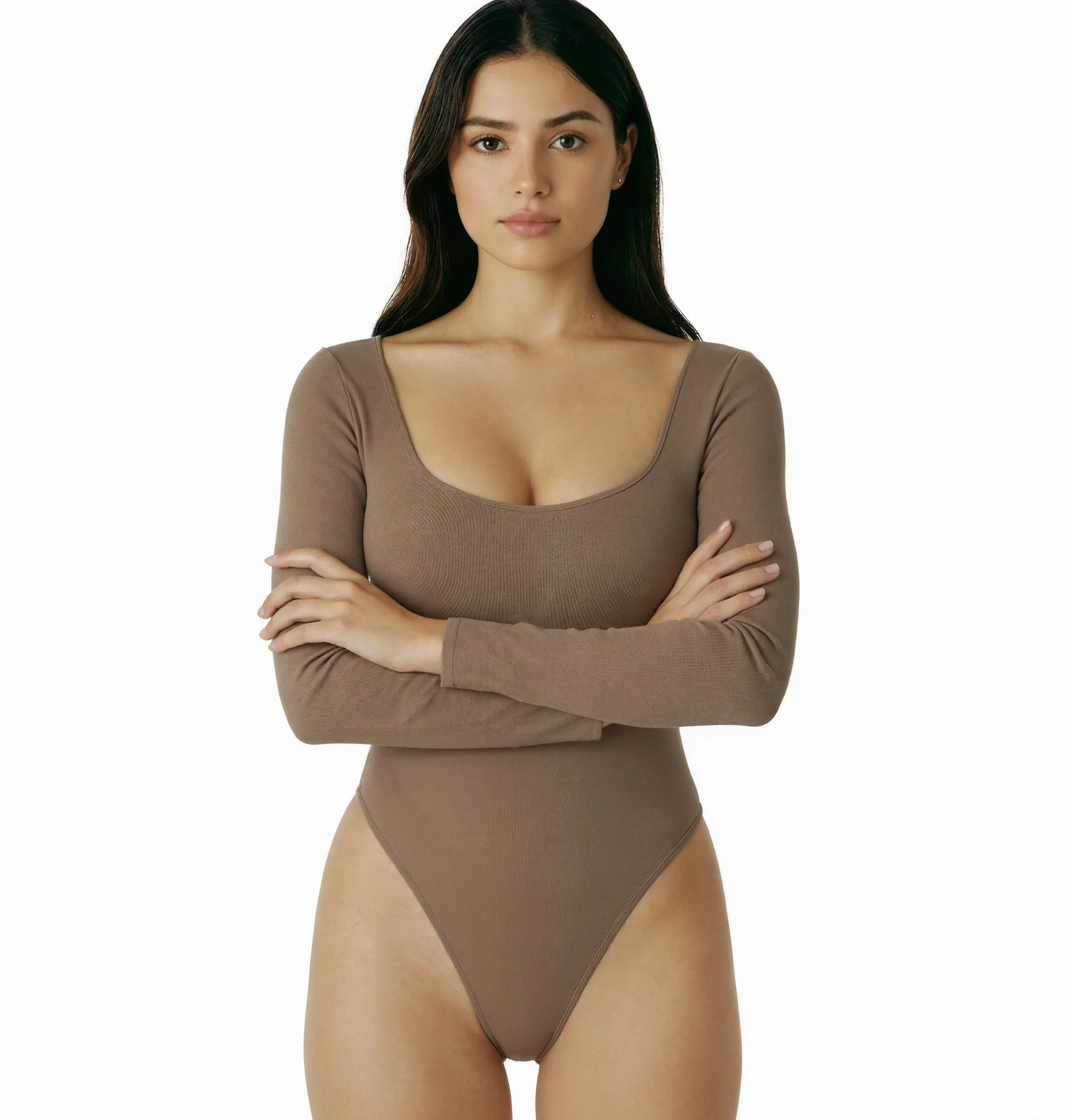 Body Donna in Cotone Maniche Lunghe Scollo Profondo Tinta Unita Aderente Elegante Sexy Elasticizzato