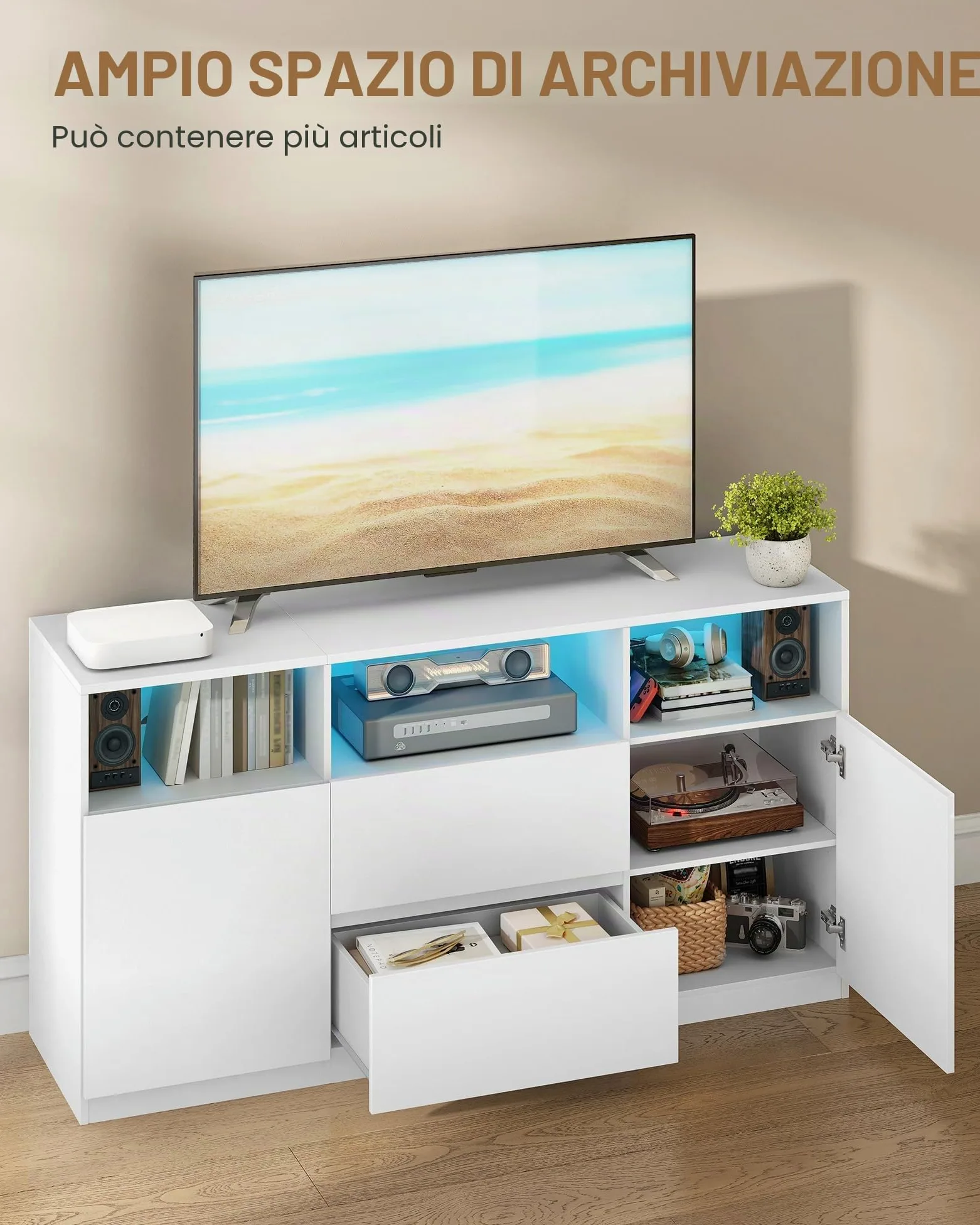Hzuaneri Mobile TV, Tavolino Porta TV fino a 65 Pollici, con 2 Cassetti, 2 Gabinetto, 3 Scomparti Aperti, Luci LED, 147 x 40 x 76 cm, Soggiorno, Camera da Letto, Bianco TV17003XEU
