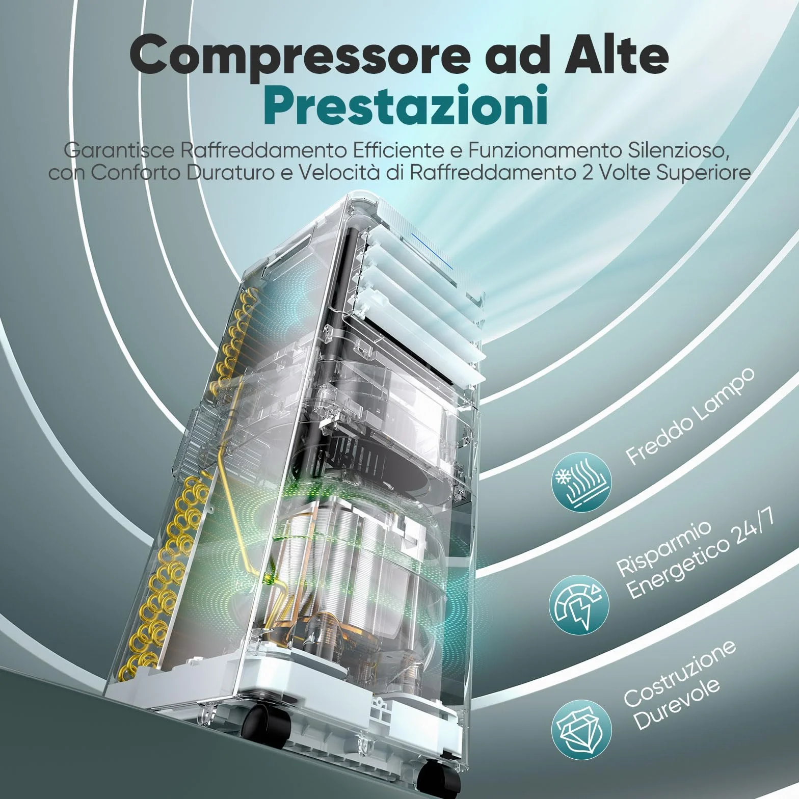 Condizionatore Portatile 9000 BTU con Deumidificatore 4 in 1, Ventilatore di Raffreddamento a 2 Velocità, Display Digitale e Telecomando, Kit Finestra, Timer 24 Ore Per Stanze Fino a 25 m²/78m³
