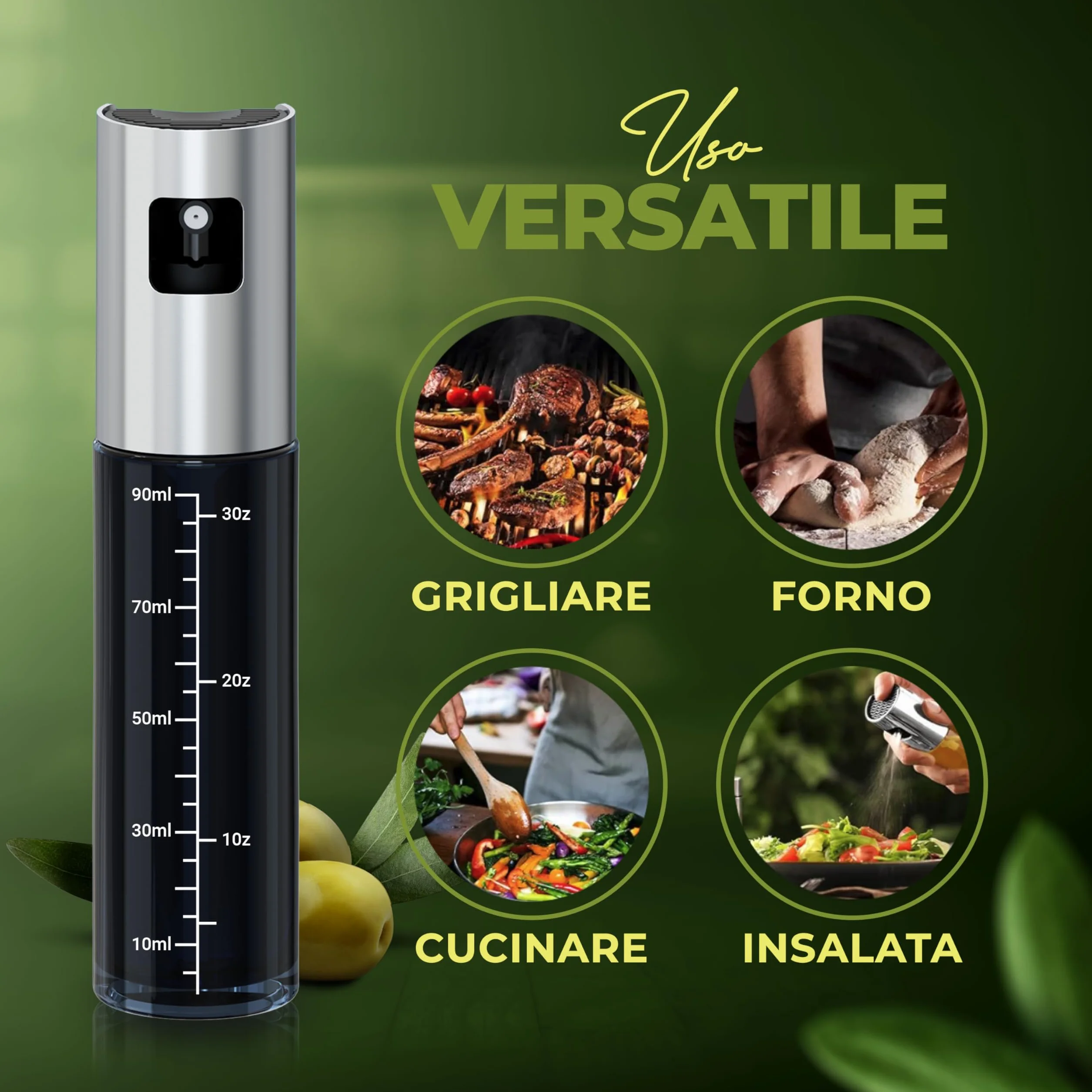 Spruzzatore per olio in vetro verde con protezione UV e rivestimento in acciaio inossidabile 100% senza BPA