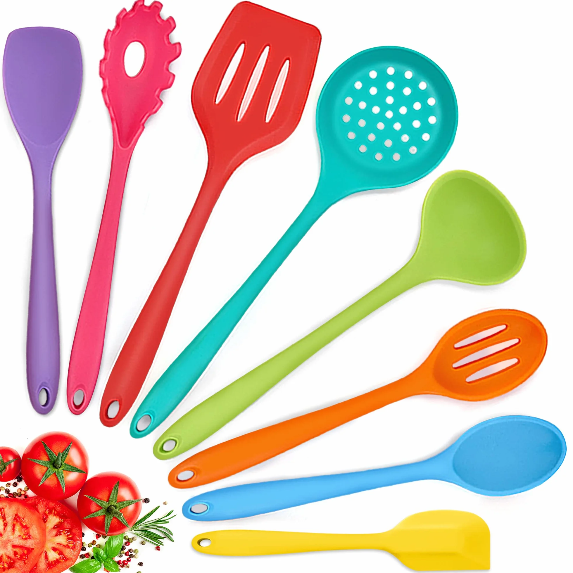 Herogo Set di 8 posate da cucina in silicone, antiaderenti, resistenti al calore, set di utensili da cucina, con spatola in silicone, cucchiaio/paletta, mestolo, colorato