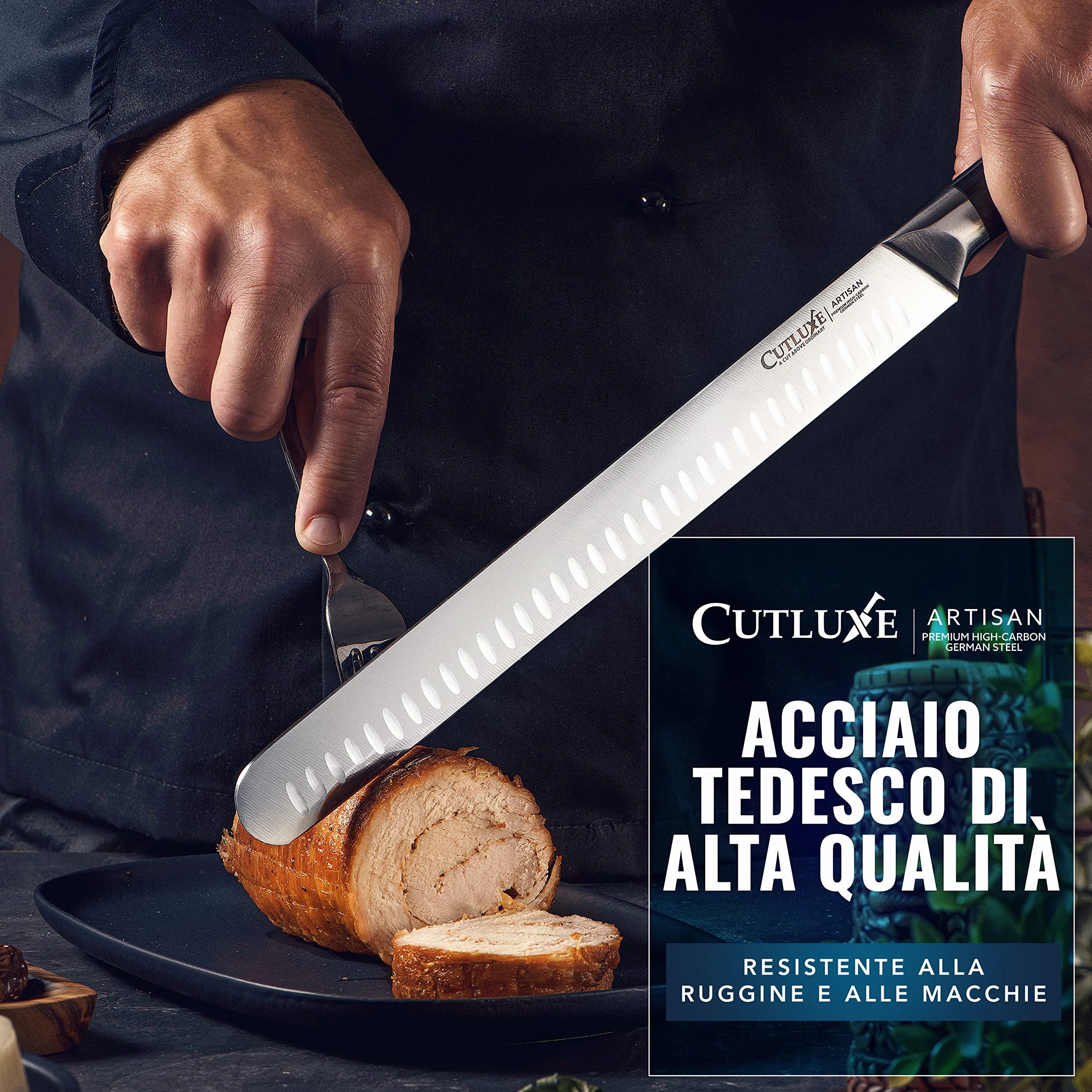 Cutluxe Coltello da Prosciutto Professionale - 30cm Coltello per Affettare Salumi e Carne - Acciaio al Carbonio, Lama Affilata e Resistente con fodero - Artisan Series