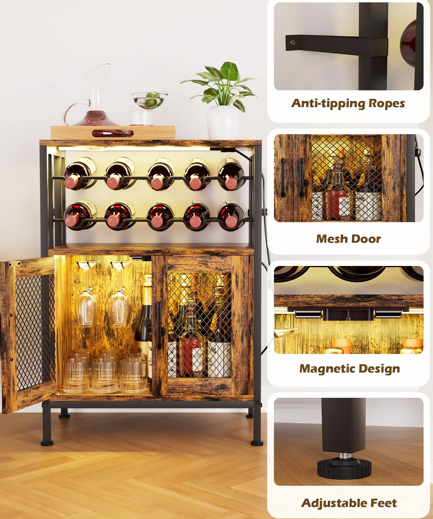 Yorbay Mobili Portabottiglie con Luci LED: Mobile Bar Autoportante con Anta a Griglia per 10 Bottiglie e 6 Bicchieri - Scaffale per Vini in Stile Industriale per Cucina Soggiorno Sala da Pranzo