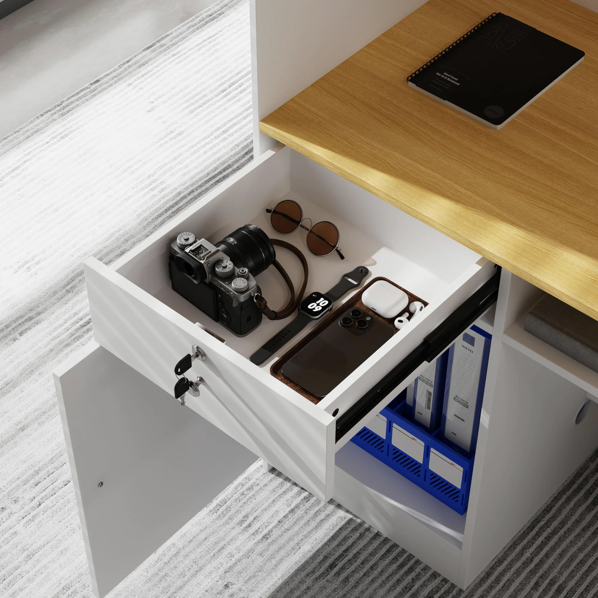 Banco reception, tavolo da reception, bancone con illuminazione a 3 colori, tavolo reception con 1 cassetto e 1 armadio, bancone con area espositiva aperta con 2 scomparti bianco + legno naturale