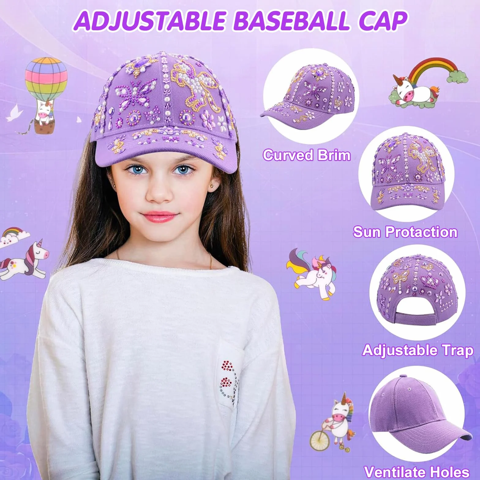 Kit DIY Adesivi per Cappellino da Baseball per Bambina, 8 Stickers Decorativi con Gemme per Personalizzare il Tuo Cappellino, Regalo Creativo per Compleanno o Ritorno a Scuola
