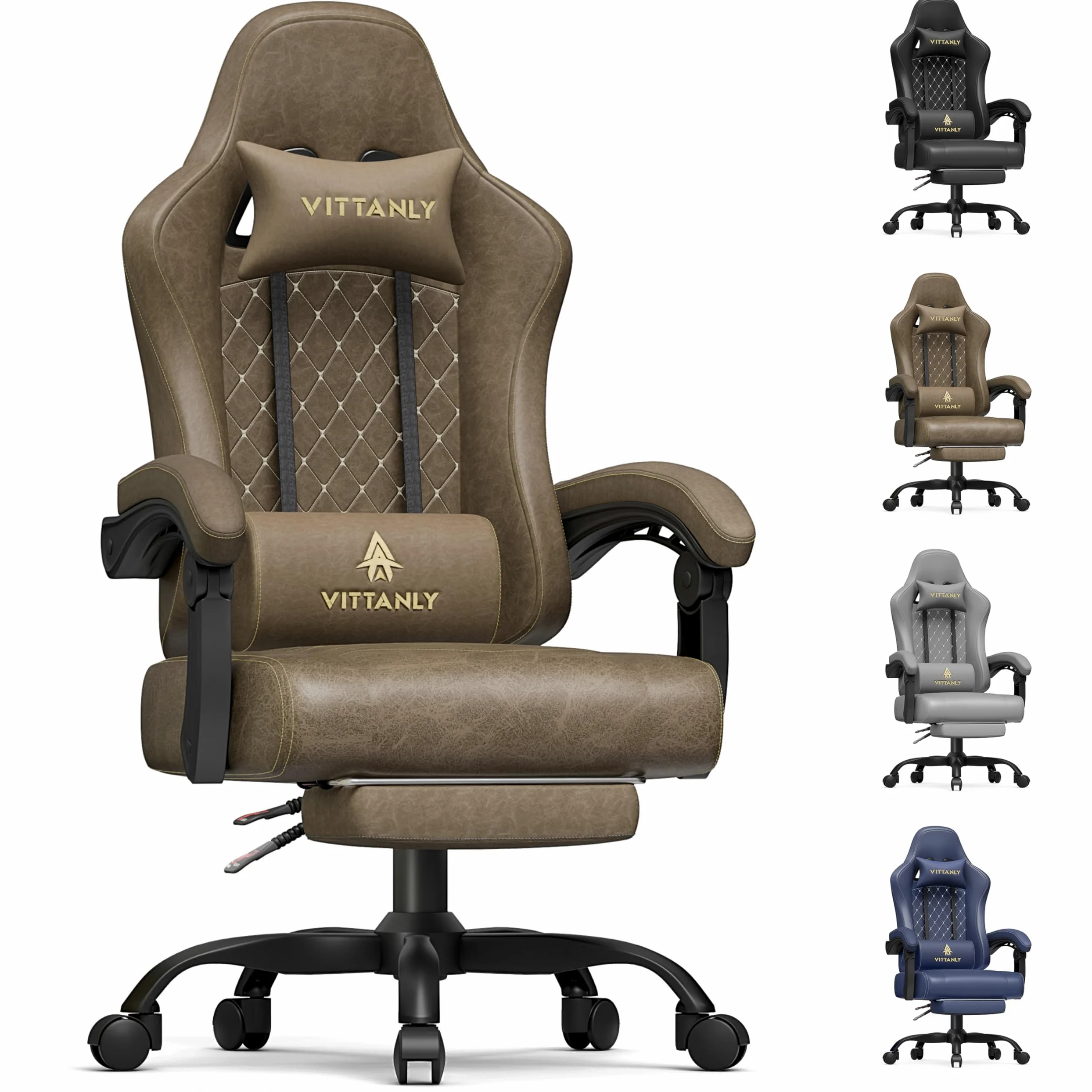 Vittanly Sedia da gioco con cuscino primaverile, ergonomica, per gaming, con poggiatesta, cuscino lombare e poggiapiedi, regolabile in altezza, sedia da gioco, sedia da ufficio, 150 kg, marrone