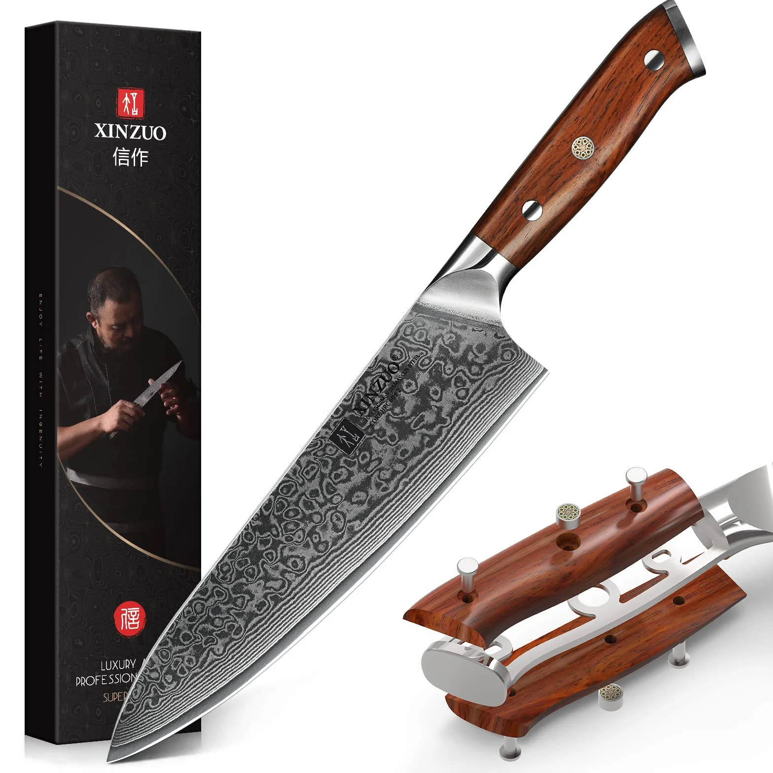 XINZUO Coltello da Chef 21cm Professionale Gyuto 10Cr15CoMoV Acciaio Damasco Manico Legno di Rosa