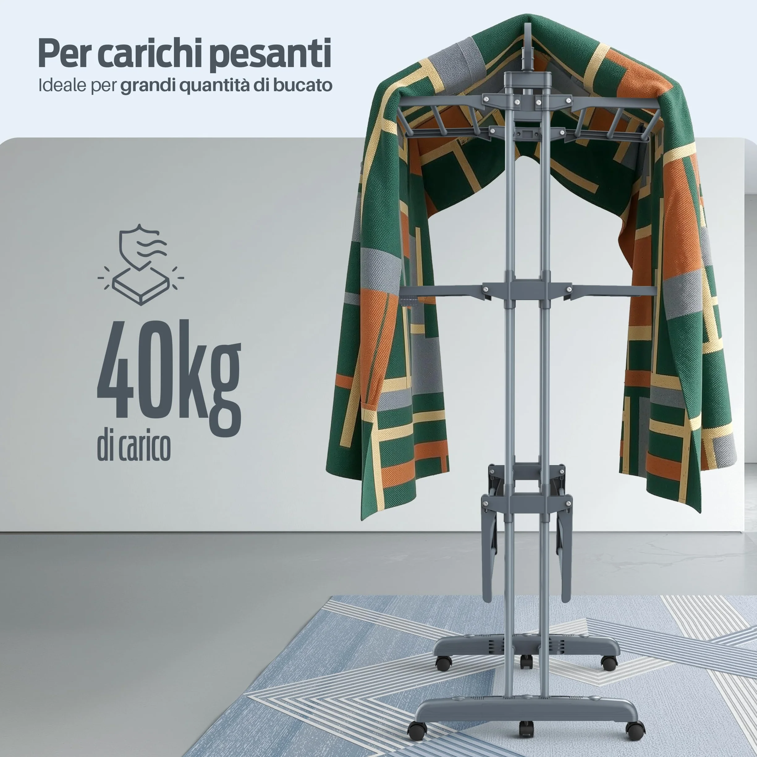 PORTENTUM Stendino verticale salvaspazio pieghevole con 4 livelli e 24 barre di stenditura – Fino a 40 kg – Stendibiancheria con 2 accessori per calzini e 2 ali laterali – Ruote girevoli con freno