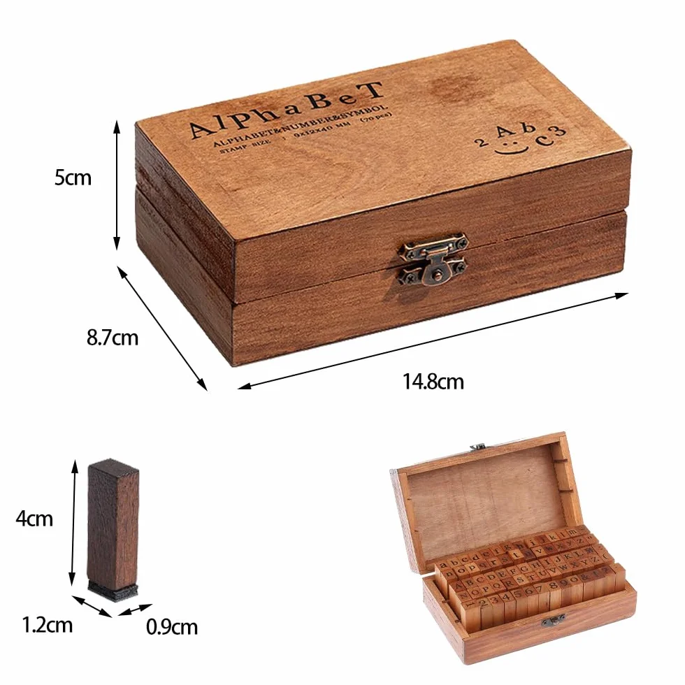 70 Pezzi Timbri Alfabeto Gomma di Legno Lettere Francobolli Ambientale Simboli Timbri con Scatola Legno Vintage per Creare Cartoline