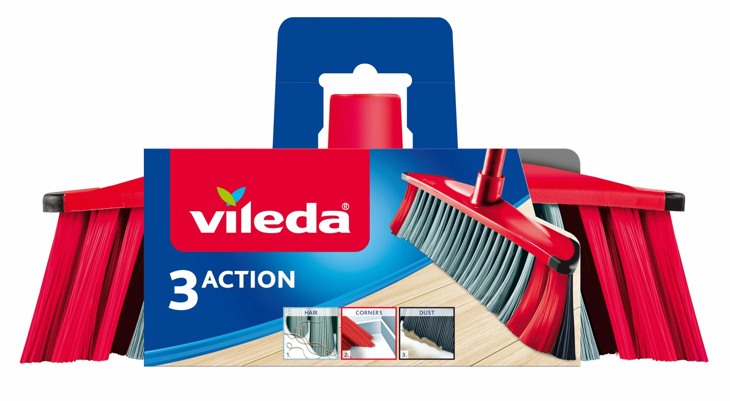 Vileda 3Action Scopa per Interni, 3 Diverse Setole, Cattura polvere, Morbida, Angoli, Rosso/Grigio, 28 x 14 x 4 cm