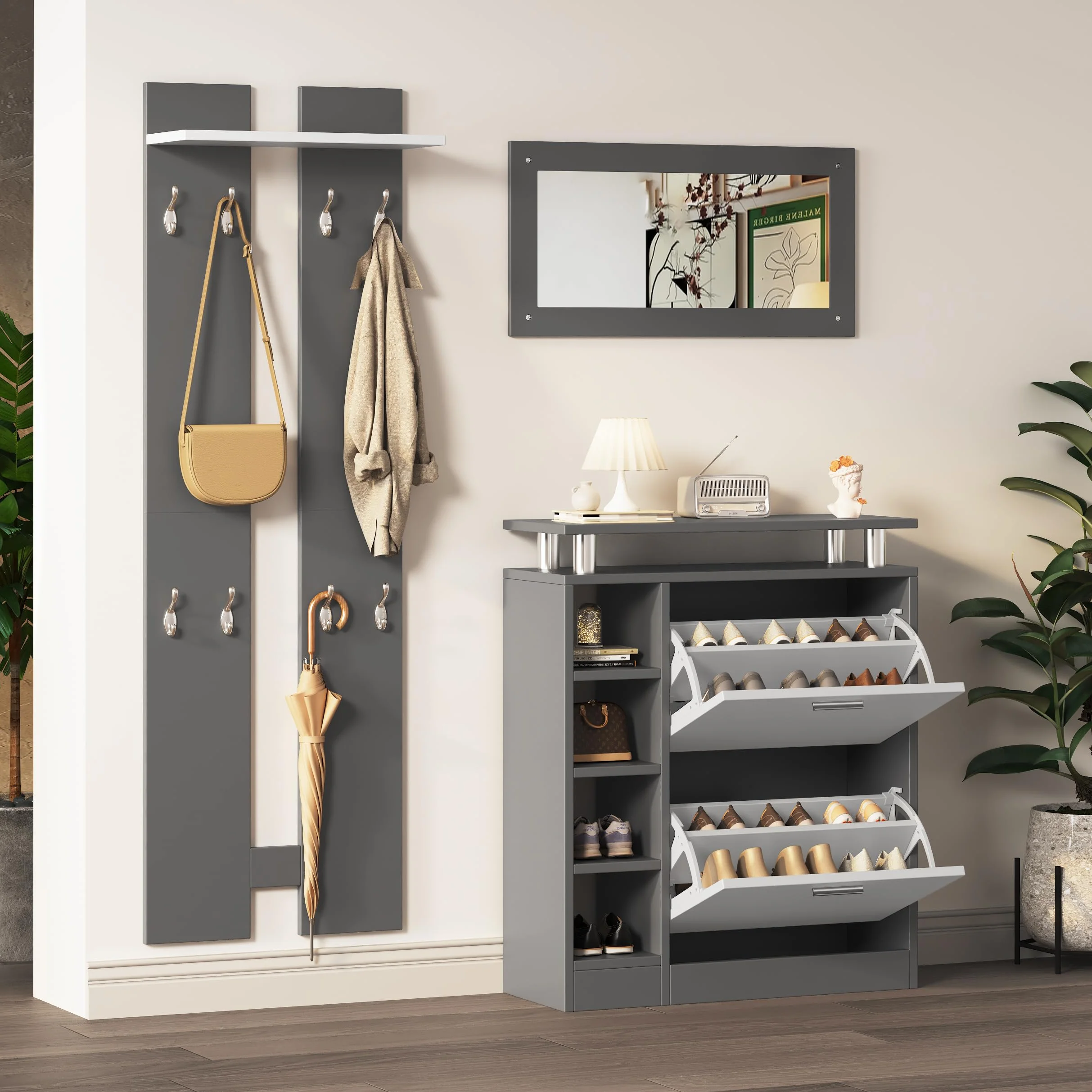 Lexiou Set appendiabiti da parete 80 x 25 x 96,5 cm, con specchio, 2 pannelli da parete, una mensola e una scarpiera, corpo grigio antracite opaco