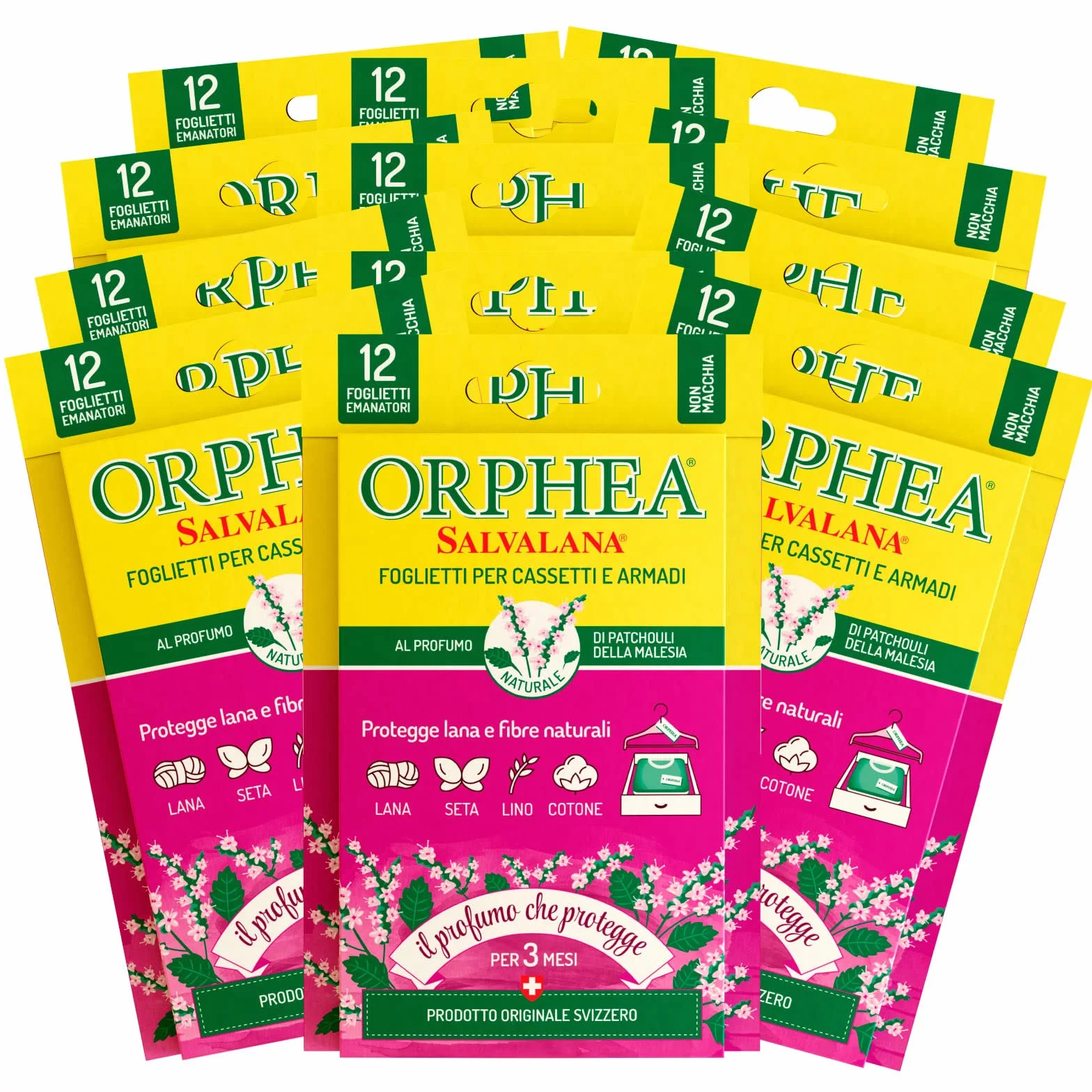 Orphea Salvalana Foglietti per Cassetti e Armadi Protegge Lana e Fibre Naturali Patchouli 144 sztuk