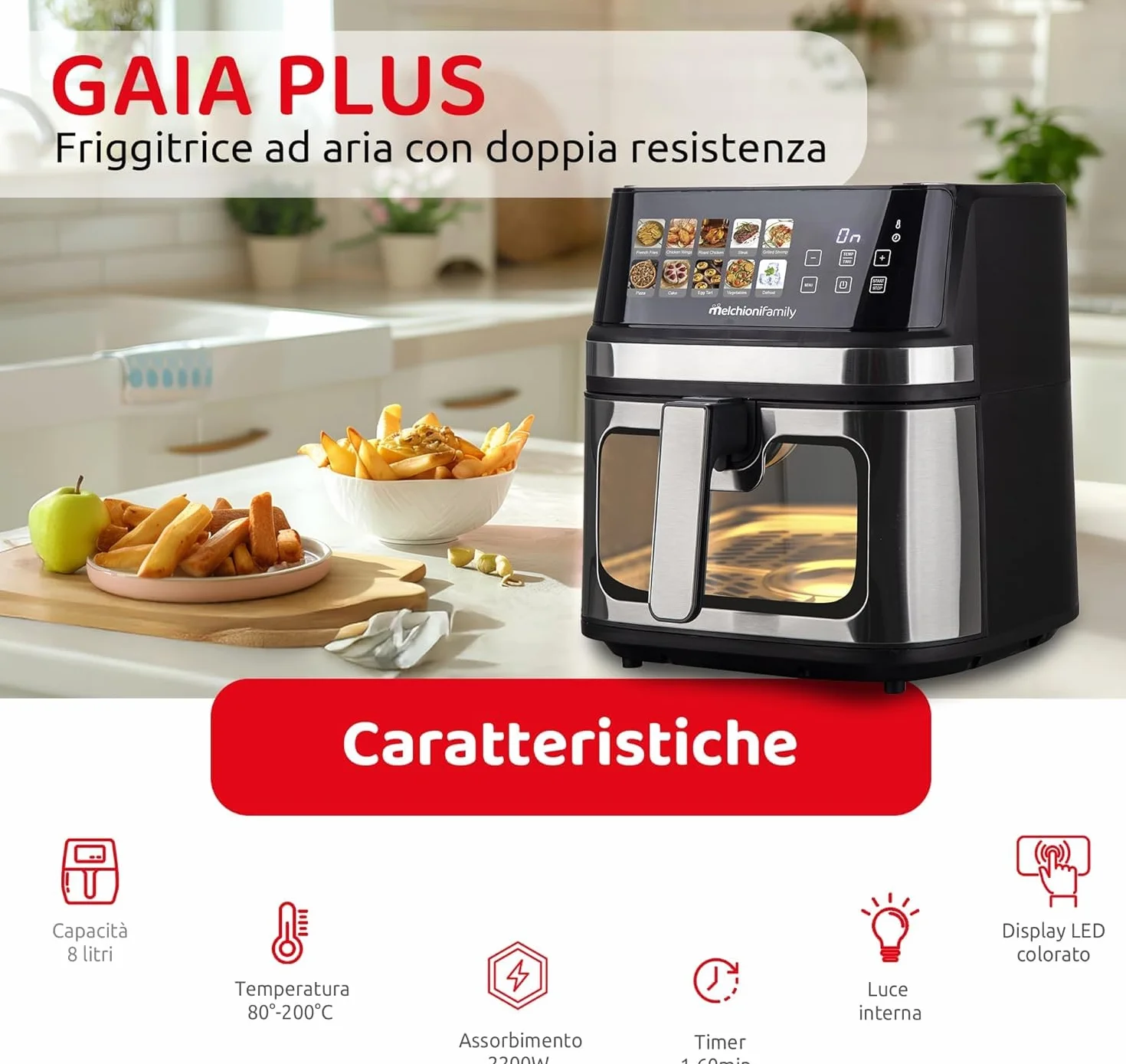 Melchioni Gaia Plus Friggitrice ad Aria 8 Litri 2200 Watt Display LED 10 Programmi Timer 60 Minuti Vetro Ricondizionato