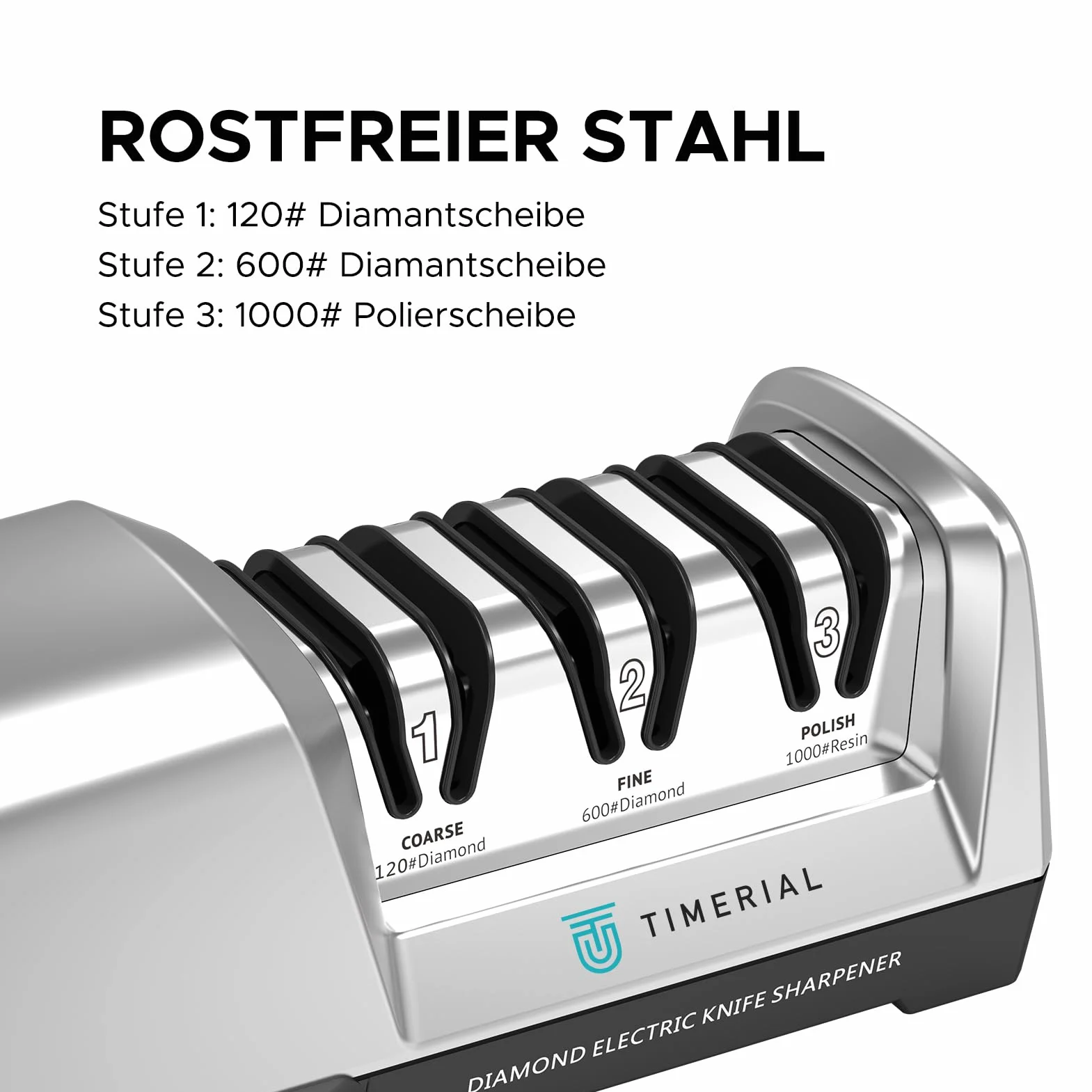 TIMAL Affilacoltelli elettrico 3 stadi Disco abrasivo diamantato 15° Guida angolare di precisione per coltelli da cucina in acciaio 120/600/1000 grana