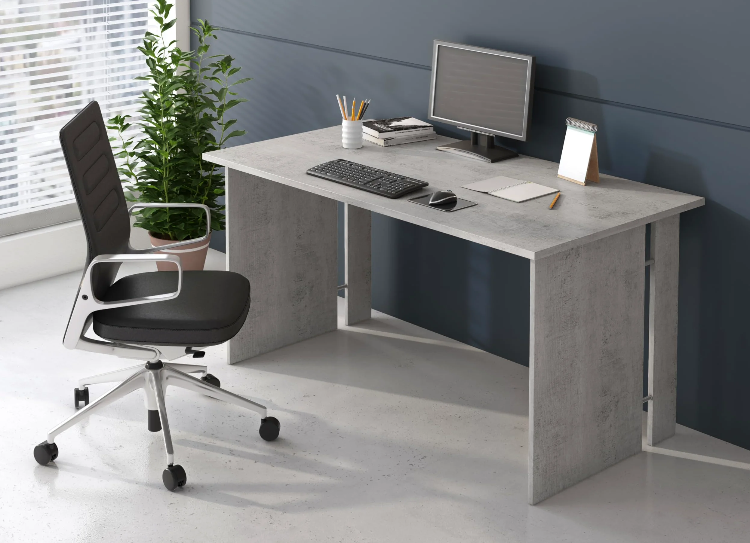 Bricozone Set Ufficio Moderno Completo In Cemento E Bianco Frassinato Con Scrivania Angolare Cassettiera Libreria E Armadi In Melaminico Antigraffio Arredo Professionale Per Home Office E Studi