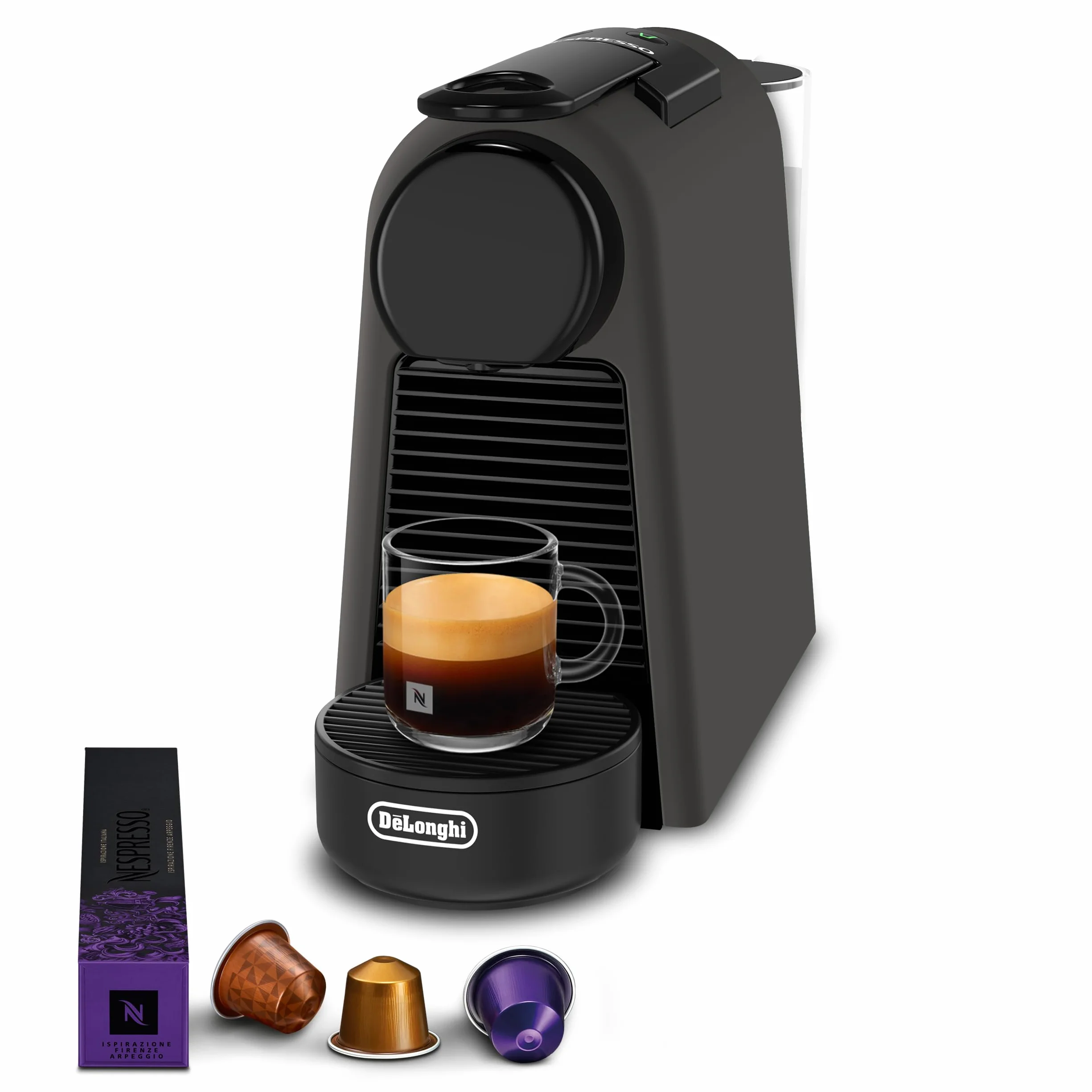 De'Longhi Nespresso Essenza Mini EN85.BKMT, Macchina da Caffè con sistema a capsule Nespresso, per una Sola Tazza, Set di Benvenuto Incluso, Design Compatto, Pressione 19 Bar, 1150W, Nero Opaco
