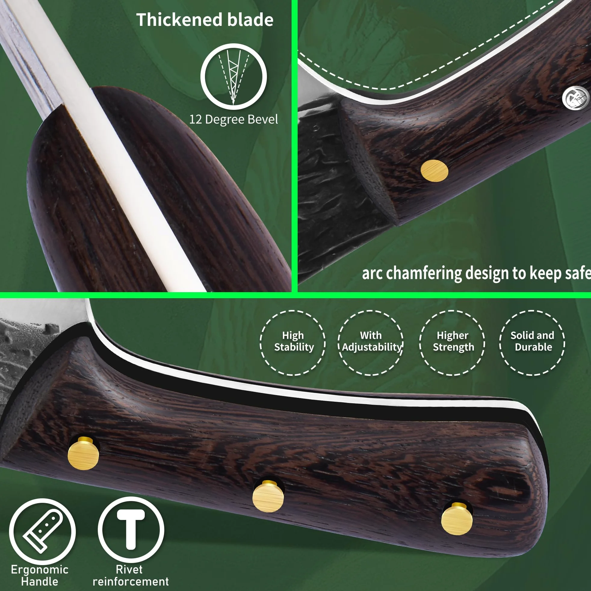 FULLHI Manico in legno Mannaia per carne pesante con fodero 2 pezzi, affettatrice in acciaio ad alto tenore di carbonio per la casa, il campeggio e il barbecue (Marrone, 17cm)