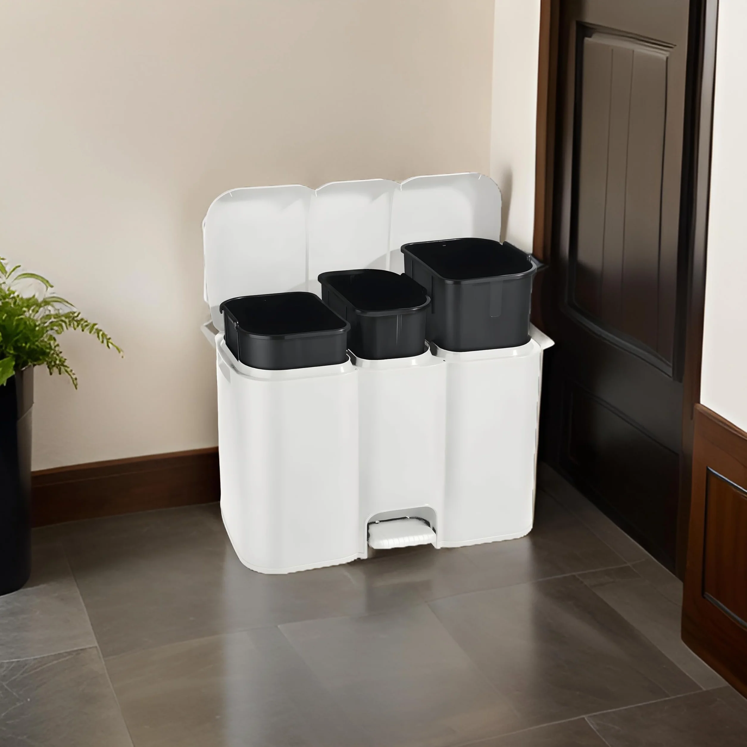 BuyStar Pattumiera Differenziata Bianca da 13+8+13 Litri Struttura Unica con Pedale e Secchi Estraibili 58.5x32xh41.5cm + Etichette Adesive per Differenziare il Riciclaggio