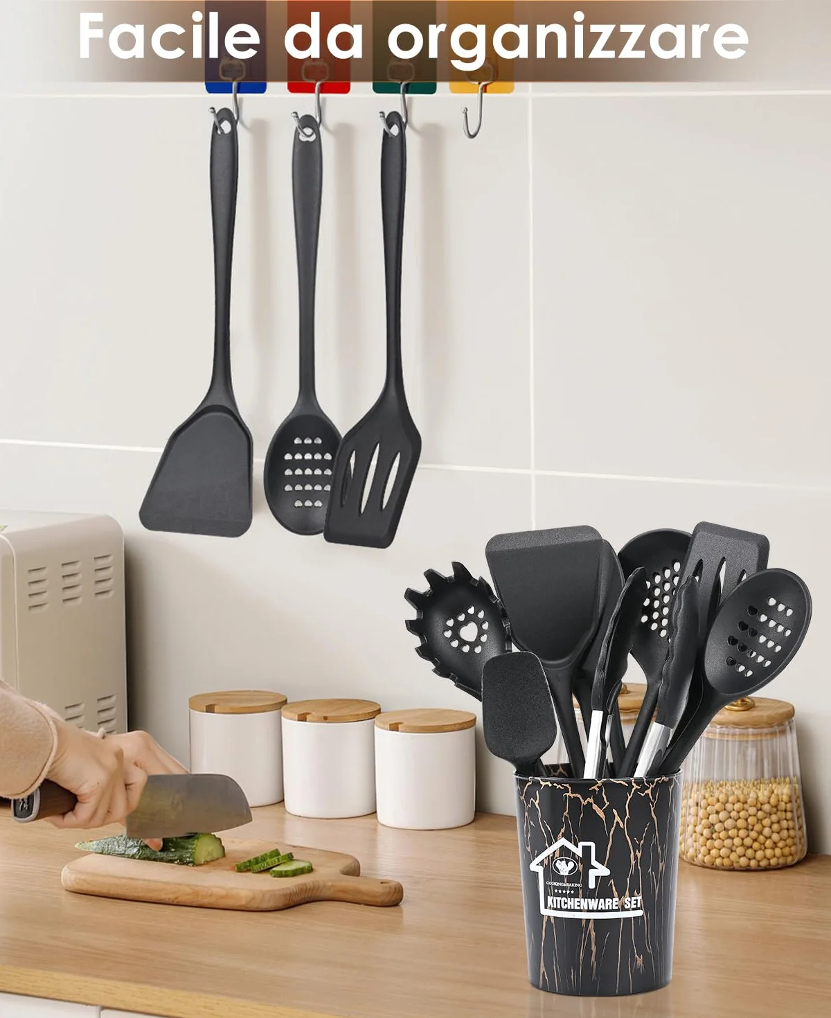 Czemo Utensili Cucina Silicone 44 Pezzi Set Mestoli Cucina Silicone Resistente al Calore Antiaderenti Utensili da Cucina con Secchio Portaoggetti, Lavabile In Lavastoviglie