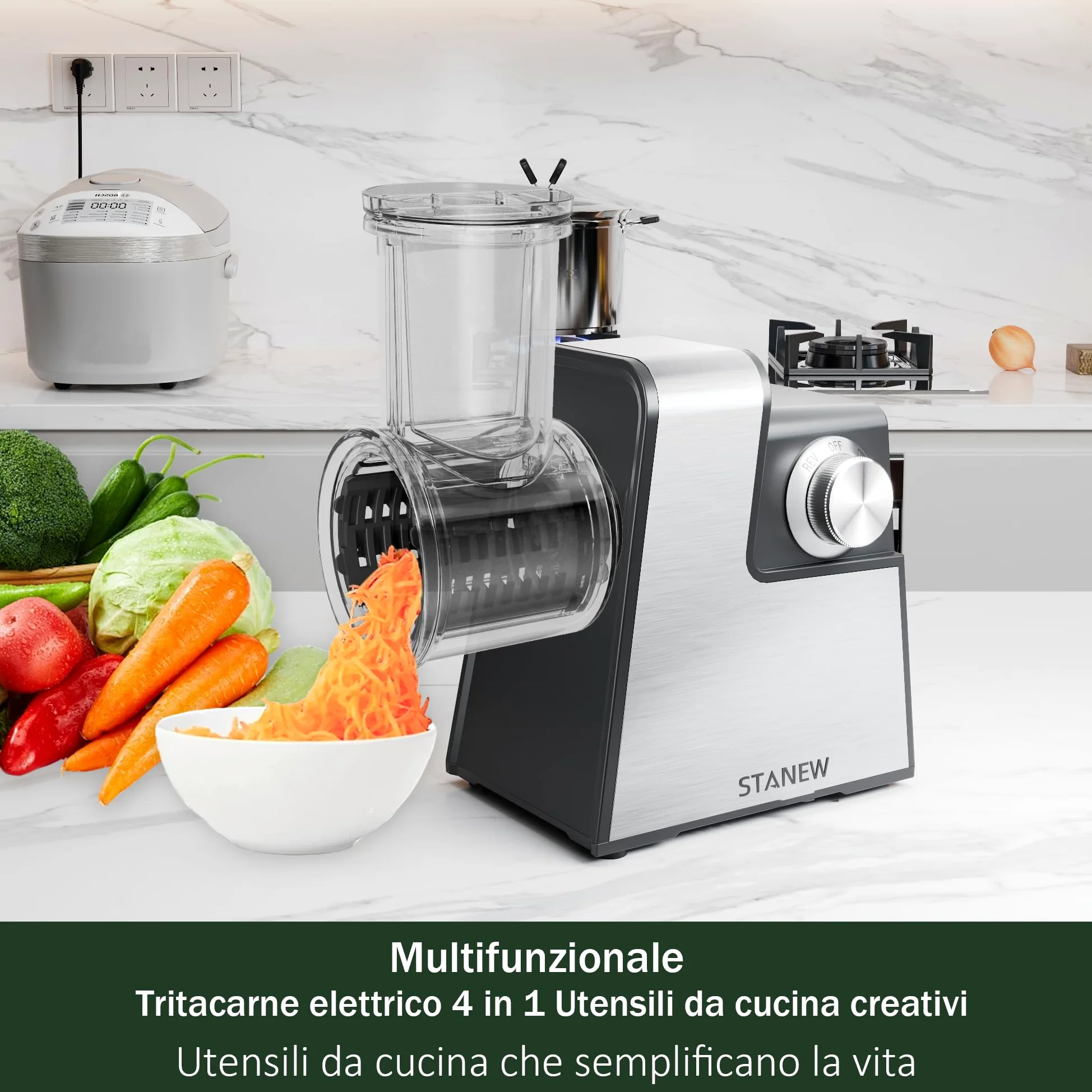 Tritacarne Elettrico STANEW 2500W - Robot da Cucina con 5 Lame Professionali (Taglio Onda/Grattugia) + Accessori Salsiccia/Biscotti, Design Compatto per Carne, Verdure e Formaggio