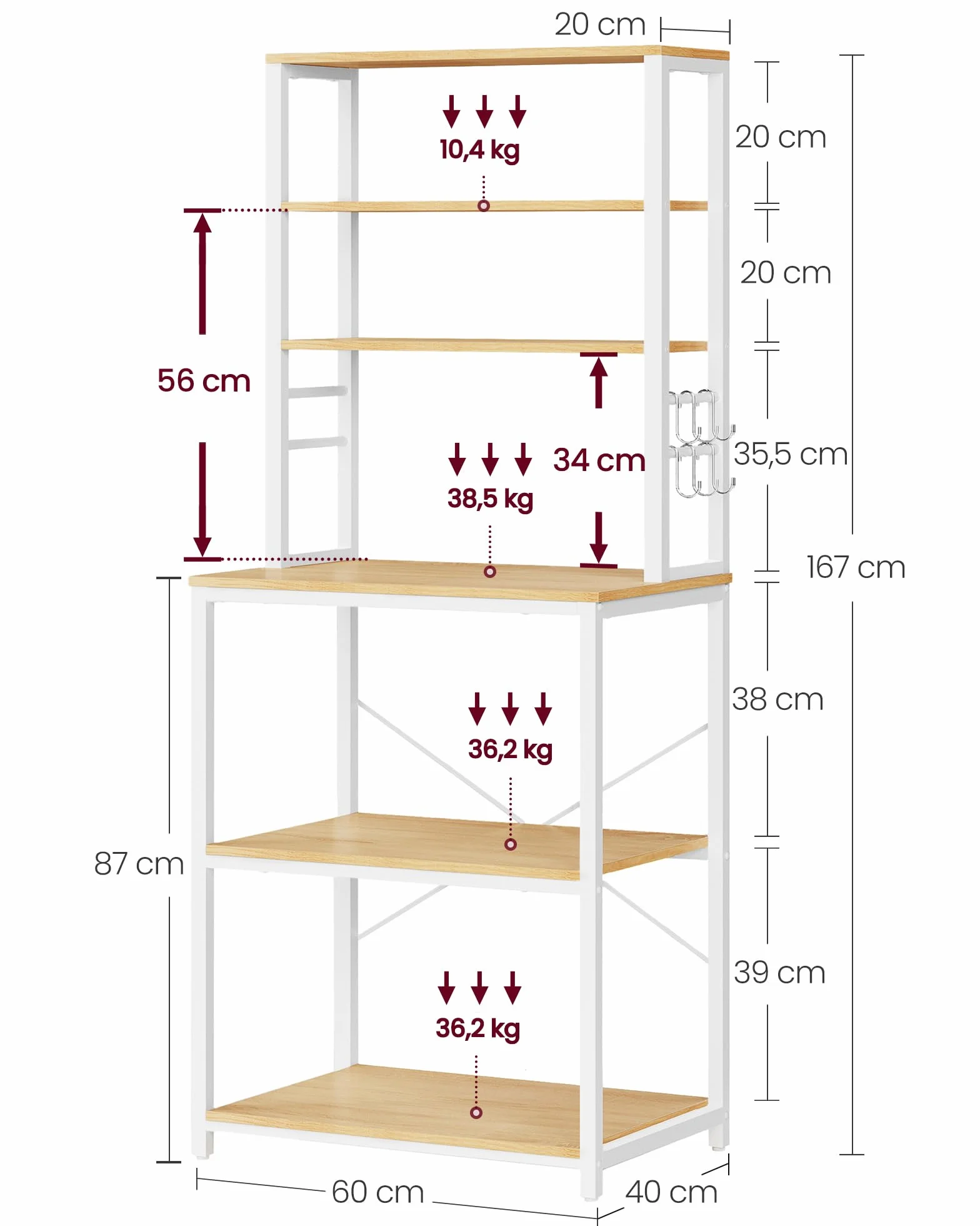 VASAGLE Scaffale Cucina 6 Ripiani Acciaio 40x60x167 cm Rovere Dorato e Bianco Nuvola KKS024W09