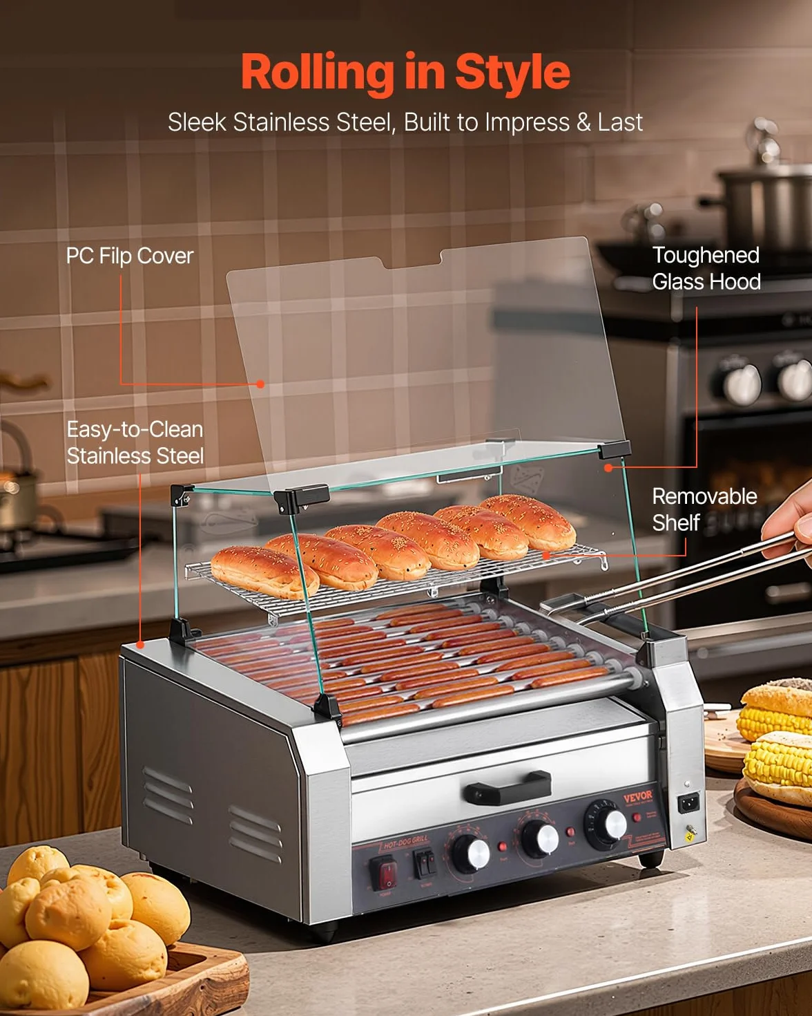 VEVOR Rullo per Hot Dog, 30 Hot Dog 11 Rulli, Cuocitore per Salsicce in Acciaio Inox da 2400 W Scalda Panini, Coperchio, 3 Controlli di Temperatura, Contenitore Laterale, Vassoio Raccogli-Olio