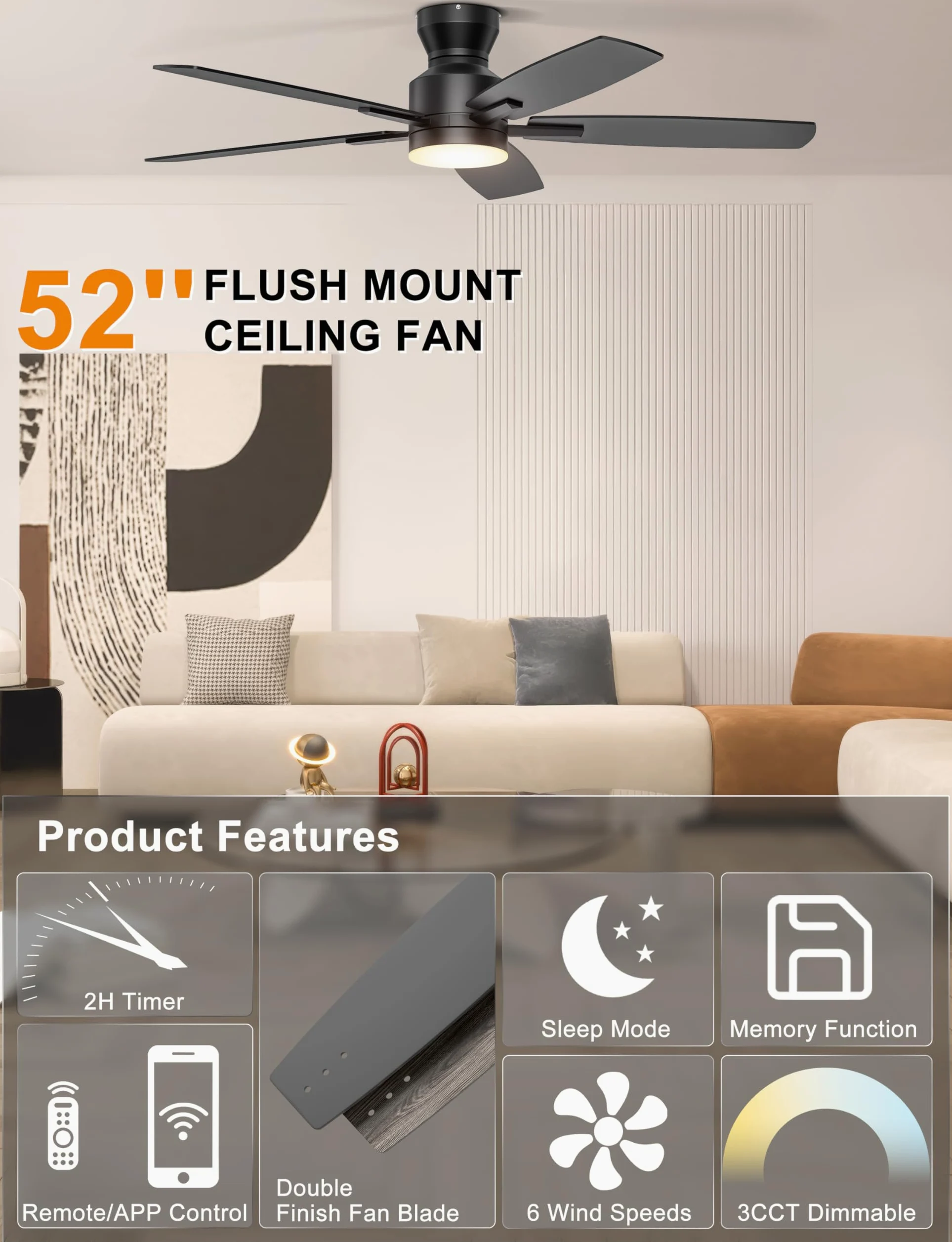 Ohniyou 132 cm Ventilatore da Soffitto a basso profilo con luce, controllo remoto/app, luce dimmerabile, silenzioso, moderno ventilatore da soffitto per camera da letto soggiorno, nero