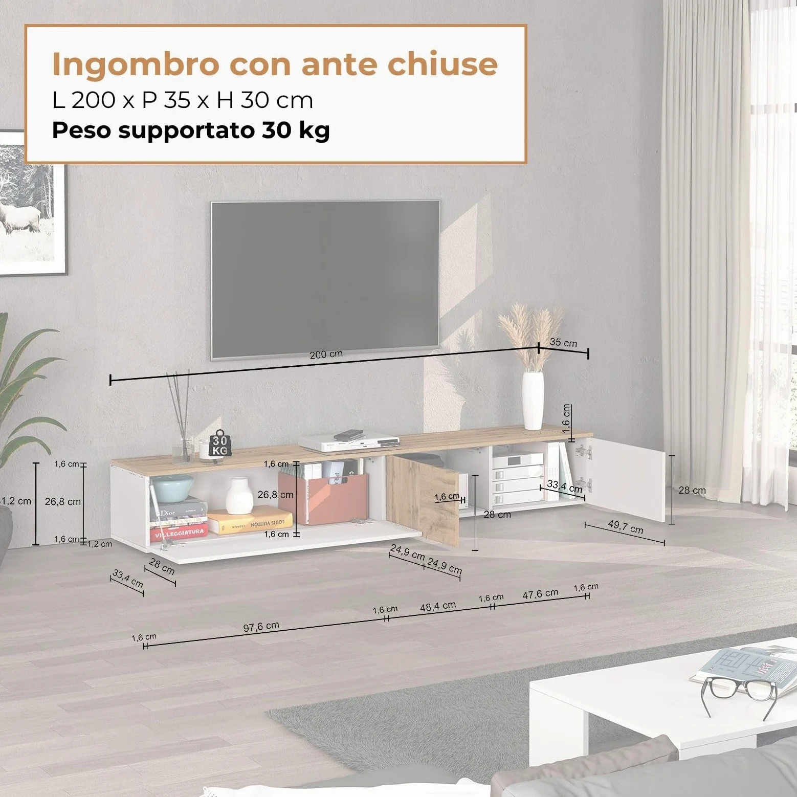 WHOUS Mobile Porta TV Sospeso ISEO per Soggiorno con 2 Ante e 1 a Ribalta, Mobile Tv a Parete per Salotto, 200x35x30 cm, Bianco Lucido e Rovere