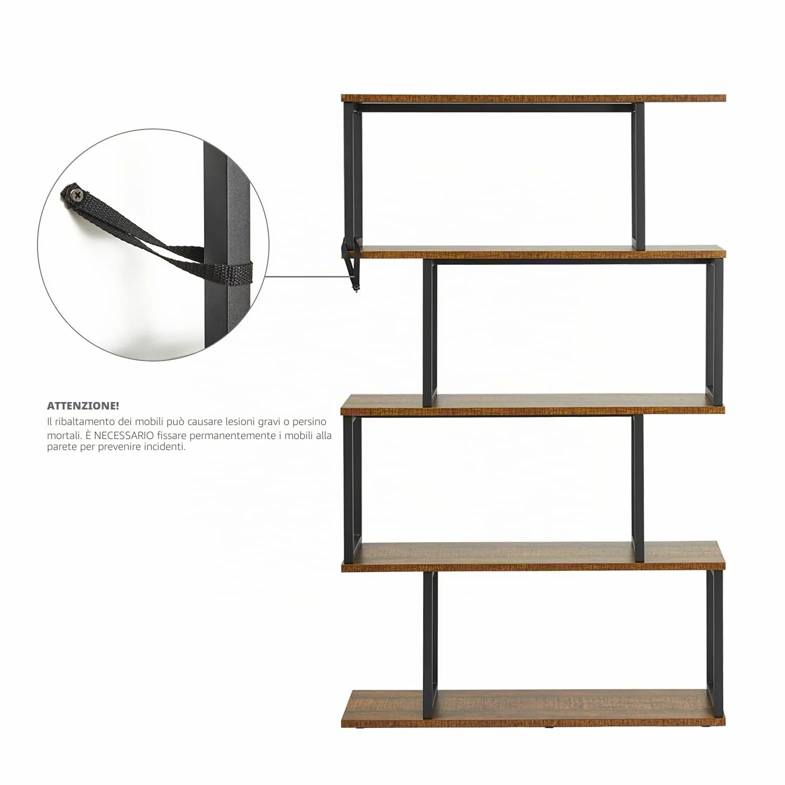 Mondeer Libreria a forma di S, Scaffale Portaoggetti, Libreria a 4 Ripiani, Libreria in Stile Industriale, con Struttura in Metallo, 76 x 24 x127.5cm, per Soggiorno e Ufficio, Marrone