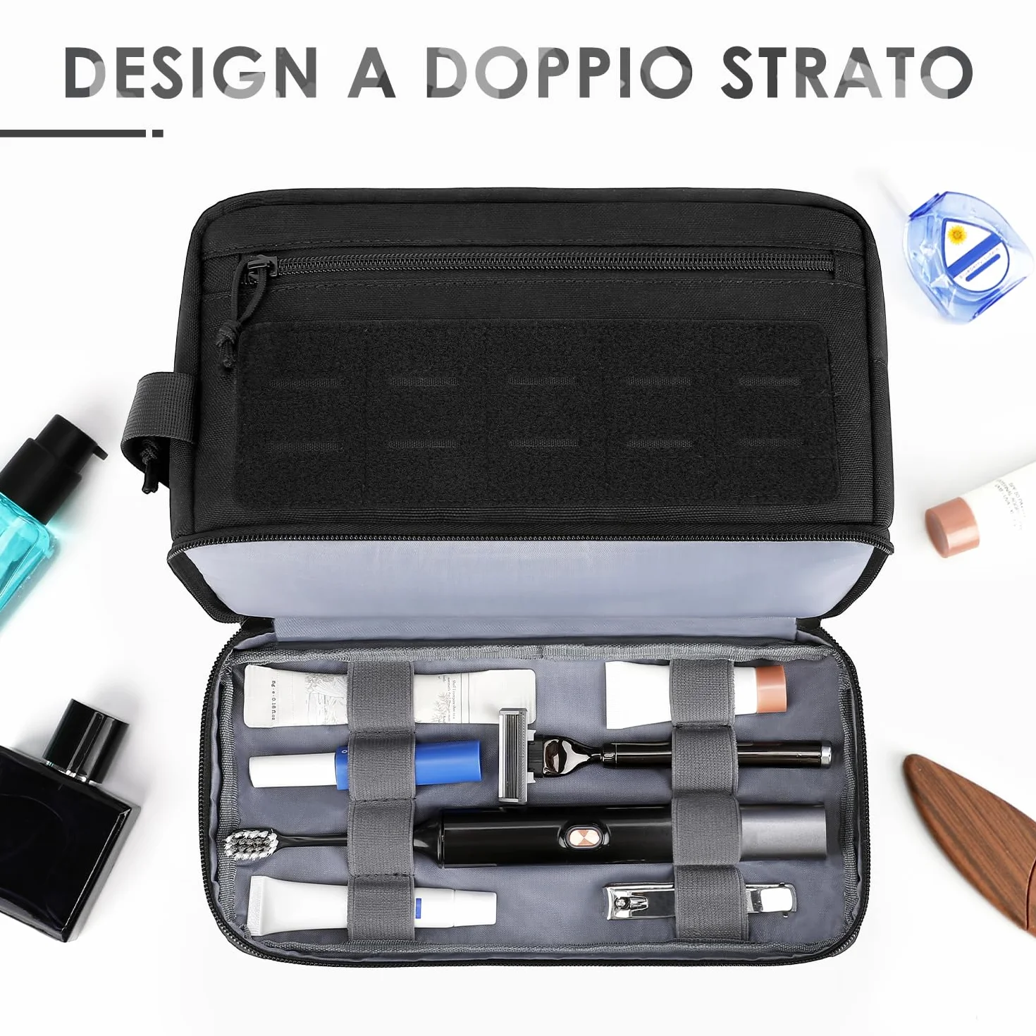 ETRONIK Beauty Case Uomo,Tactico Beauty Case da Viaggio con MOLLE, Impermeabile Borsa Toilette con Tasca Bagnata per Doccia e Palestra,Kit da Barba Appendibile per Toeletta, Nero