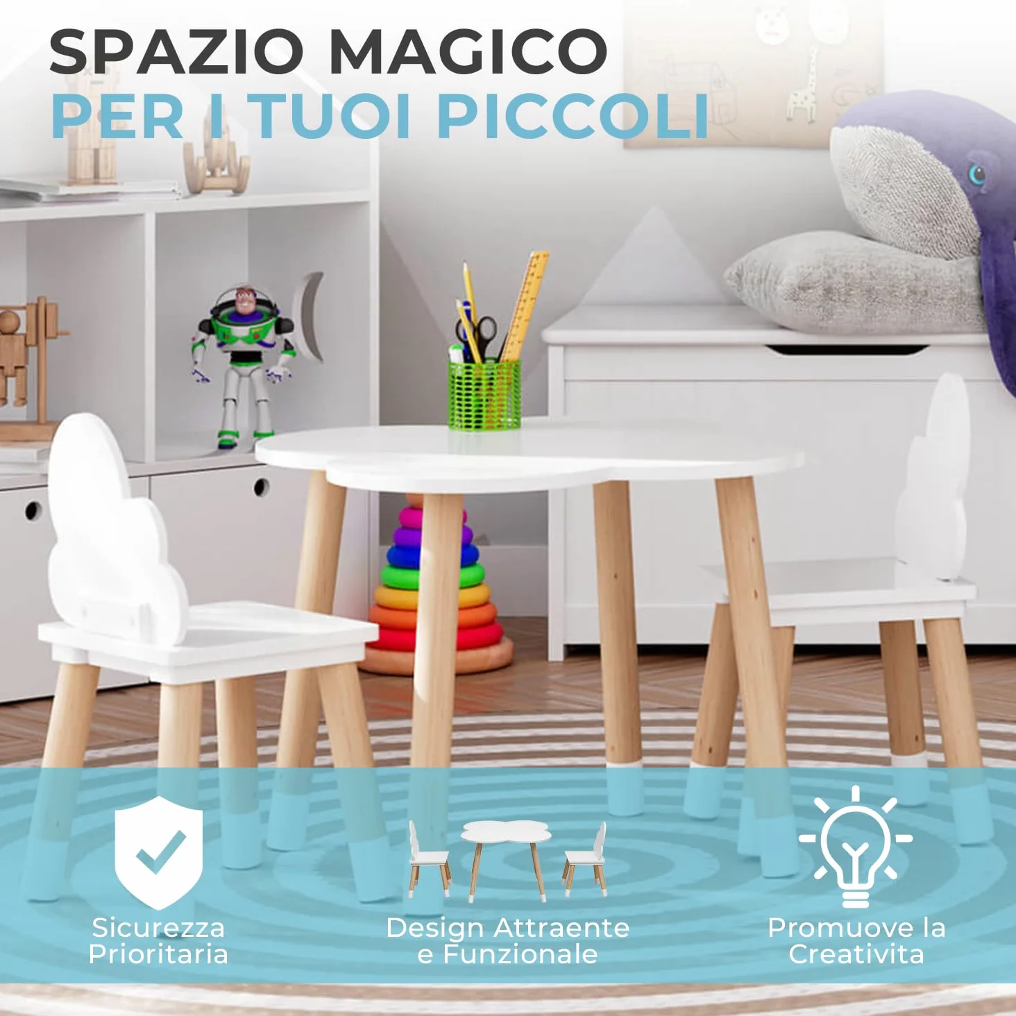 Rebecca Mobili Set Tavolino E Sedie Per Bambini, Sedie e Tavolo Arredo Cameretta Stanza Dei Giochi Bianco Marrone Chiaro, Mdf, Stile Nordico - Misure: 44 x 60 x 60 cm / 50 x 25 x 25 cm - Art. RE6733