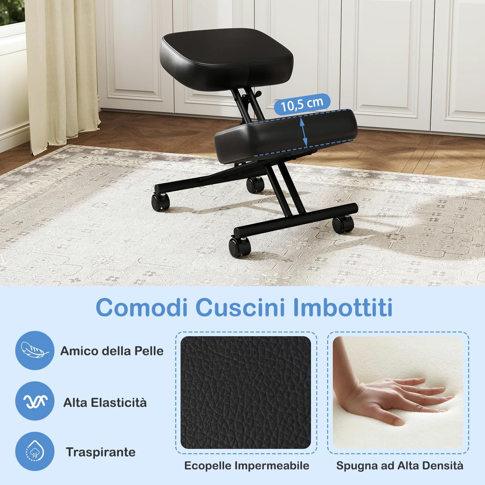 RELAX4LIFE Sedia a Ginocchio, Sedia Ergonomica a Ginocchio Regolabile in Altezza, Sgabello Imbottito da Ufficio con Ruote Universali Bloccabili, Ufficio, Home Office (72 x 46 x 68 cm)