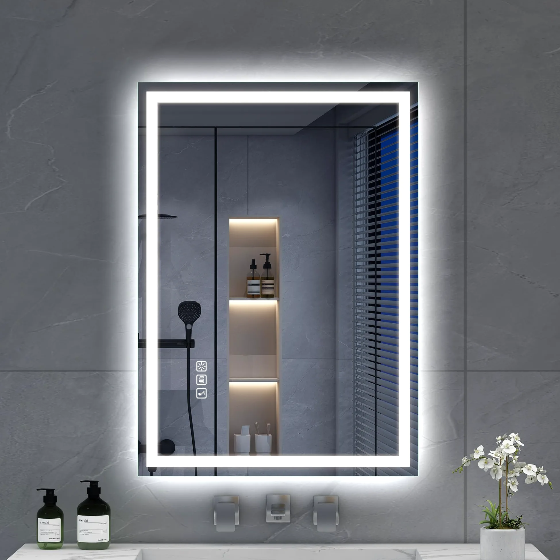 S'bagno Bluetooth-Specchio-Bagno-con-Luce-Led-70x50cm, Specchio-Bagno-Led Anti-Fog, 3000K-6500K, Dimmerabile, Memoria, Vetro Temperato HD, IP44-Specchio-Retroilluminato-Bagno, Orizzontale/Verticale