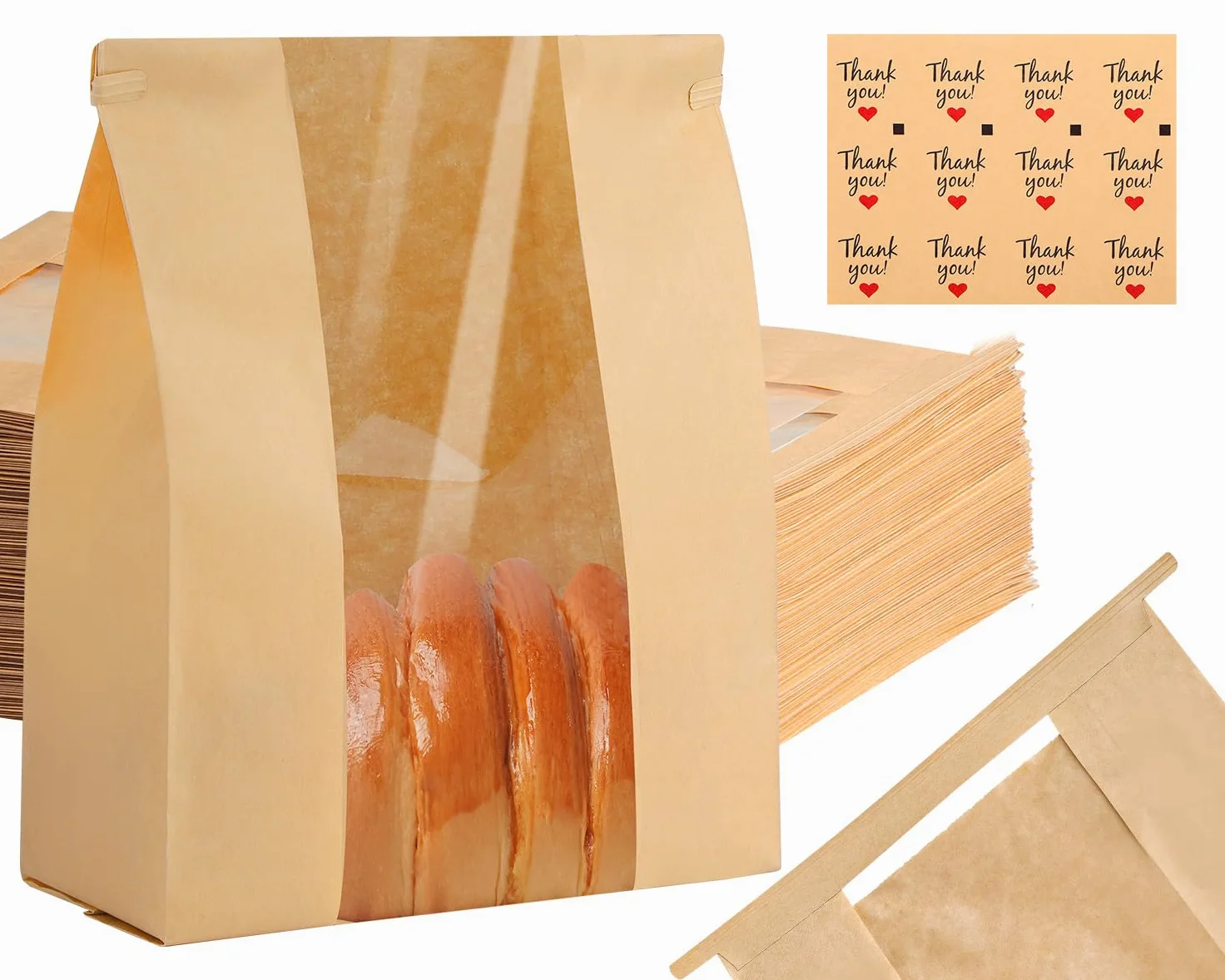 60 sacchetti di carta per pane fatto in casa con lievito naturale e chiusura a linguetta in latta, finestra frontale trasparente e adesivi sigillanti, sacchetti da forno per biscotti, pane e dolcetti,