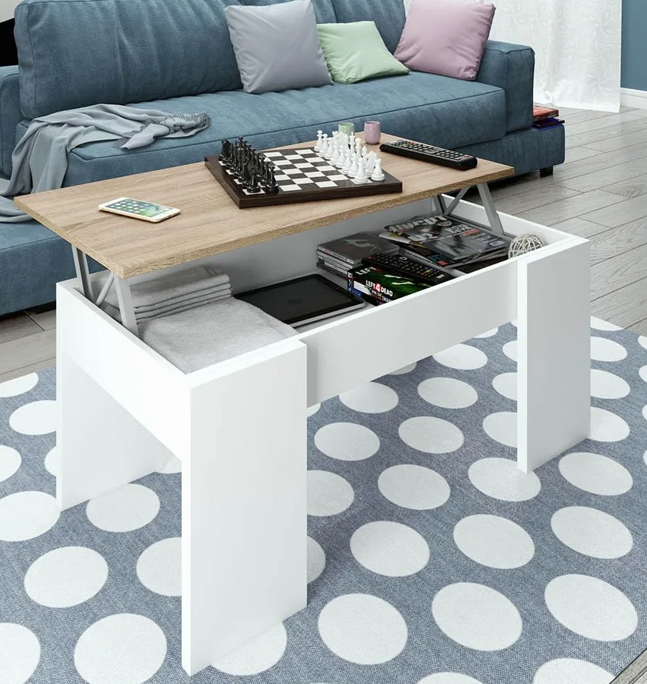 Habitdesign 0F1640A - Tavolino da salotto Low Cost, tavolo da pranzo colore Rovere Canadese - Bianco Artik, misura 100 cm (lunghezza) x 45-56 cm (altezza) x 50 cm (profondità)