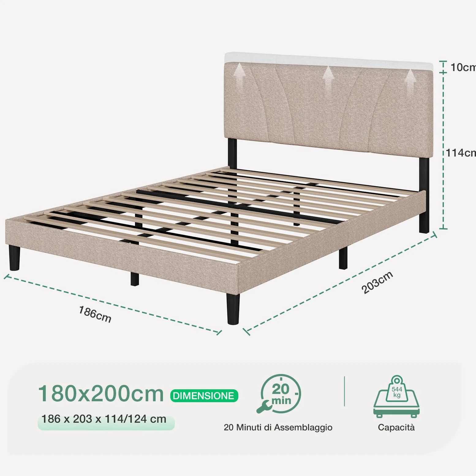 Novilla Telaio del Letto Matrimoniale 180x200 Rete Letto a Piattaforma Imbottito con Testiera Imbottita e Schienale, Supporto per Doghe in Legno, Facile da Montare, Beige